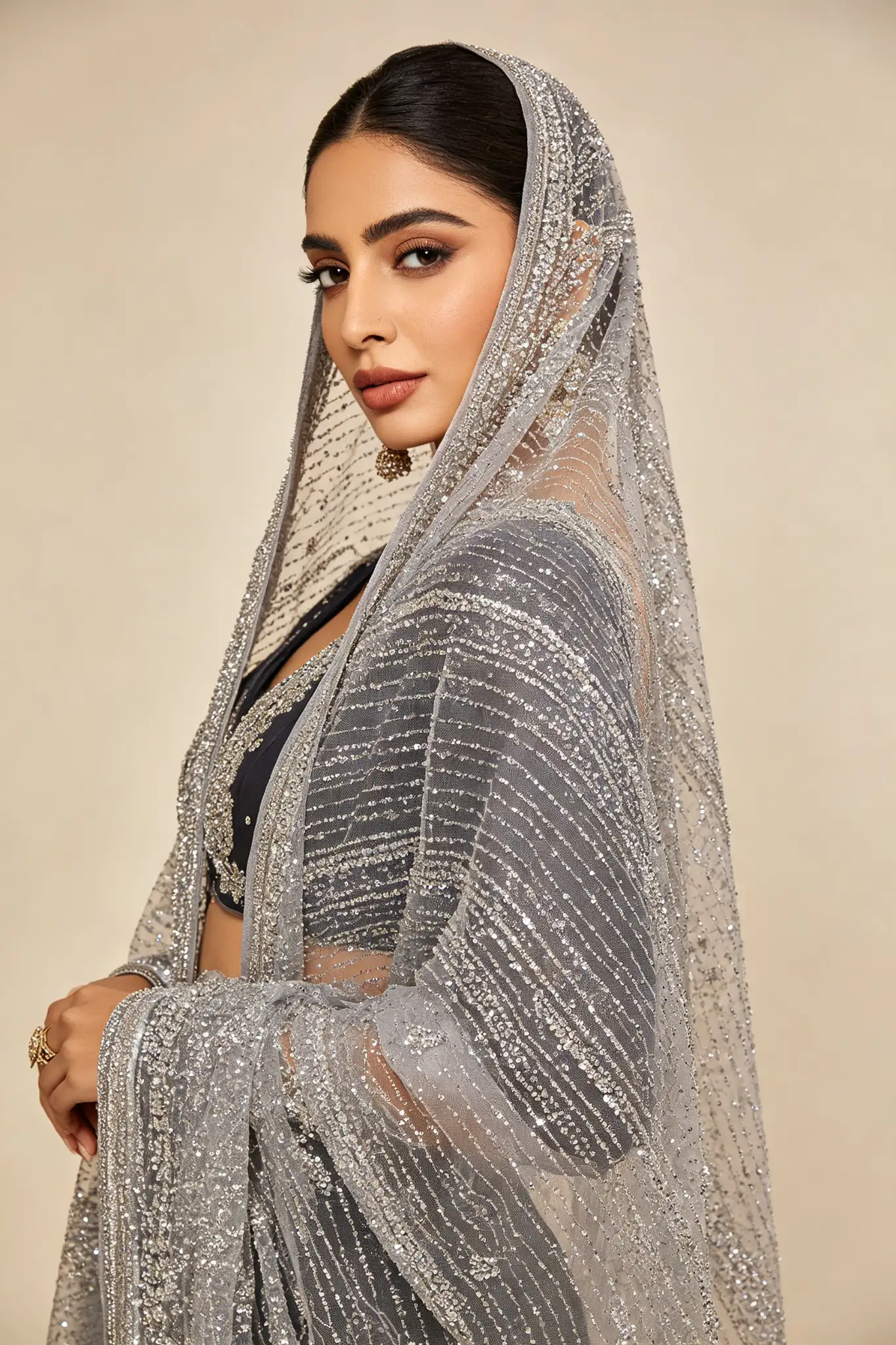 Sequined Net Dupatta - Silver - image 3