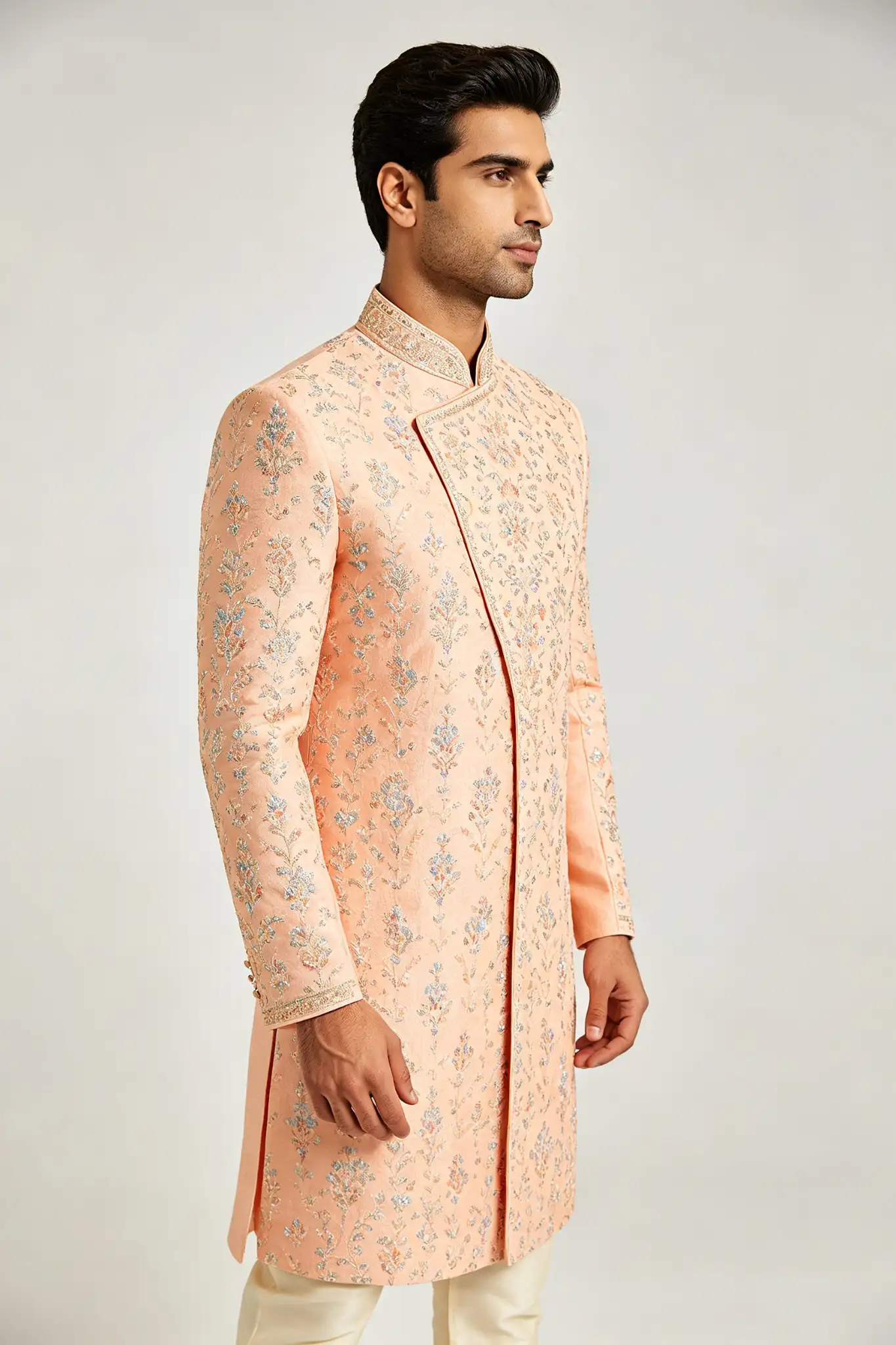 Light Peach Embroidered Sherwani Set - image 3