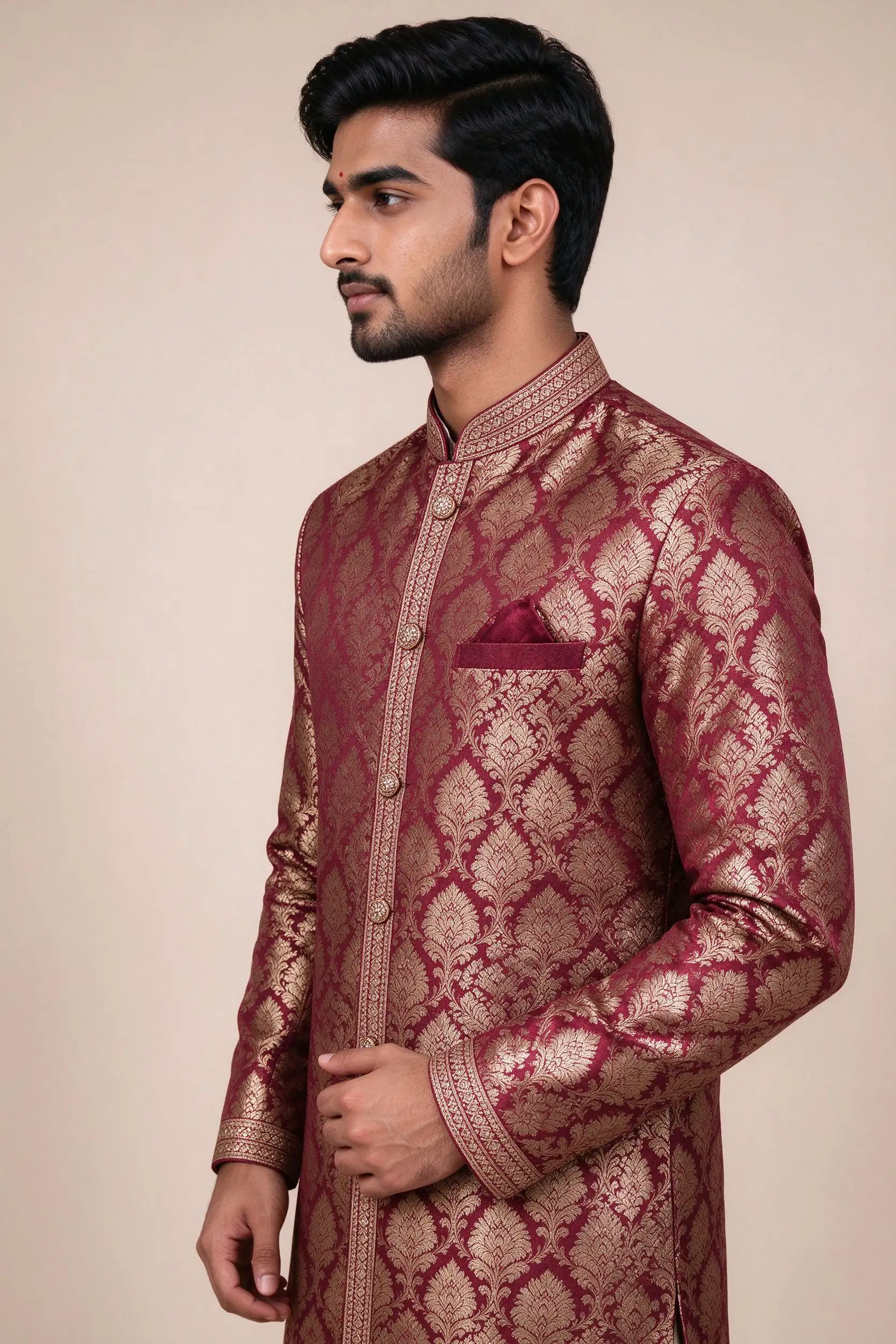 Maroon Brocade Silk Sherwani - Festive - image 3