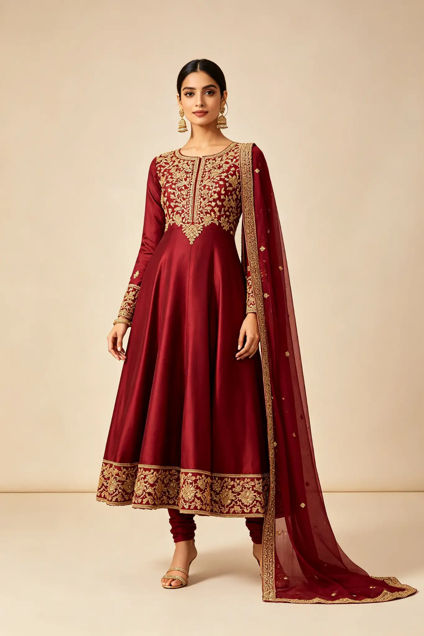 Anarkali Silk Suit - Maroon & Gold - image 2