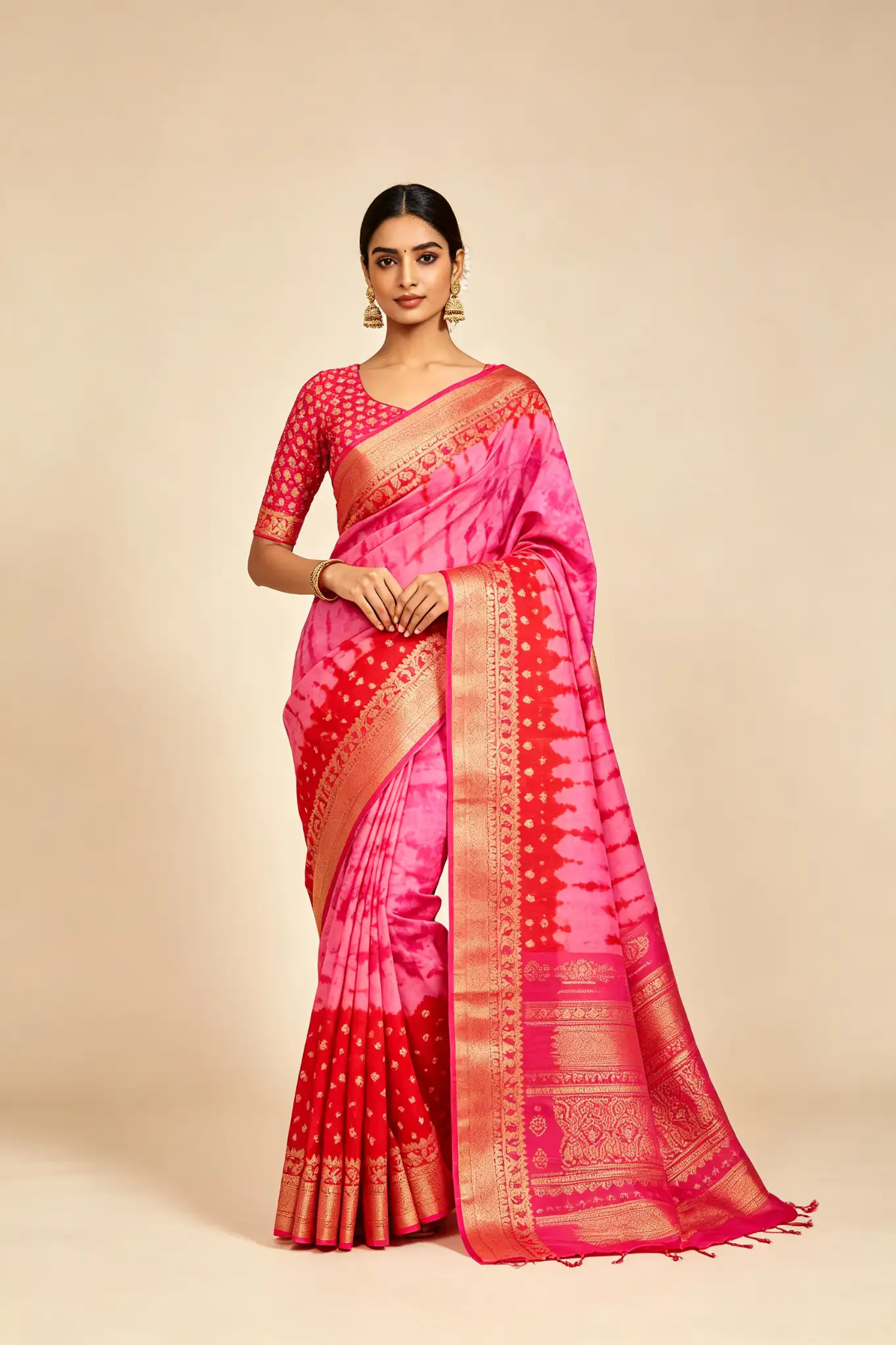 Bandhani Silk Saree - Pink & Red - image 3