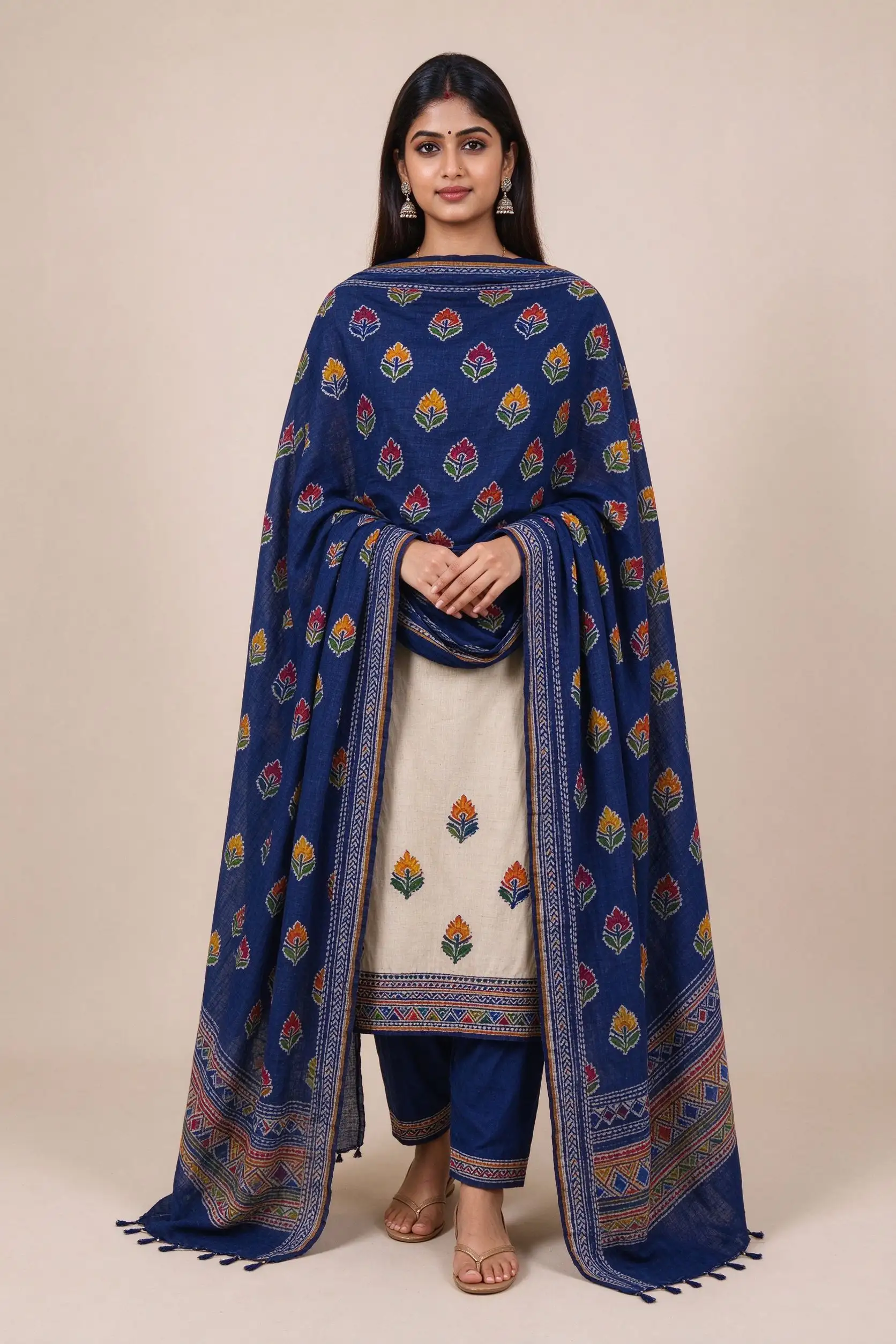 Cotton Block Print Dupatta - Indigo - image 2