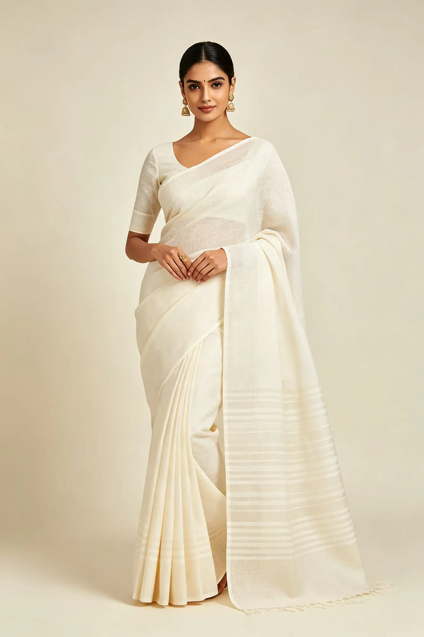 Off-White Linen Saree - Formal - image 2