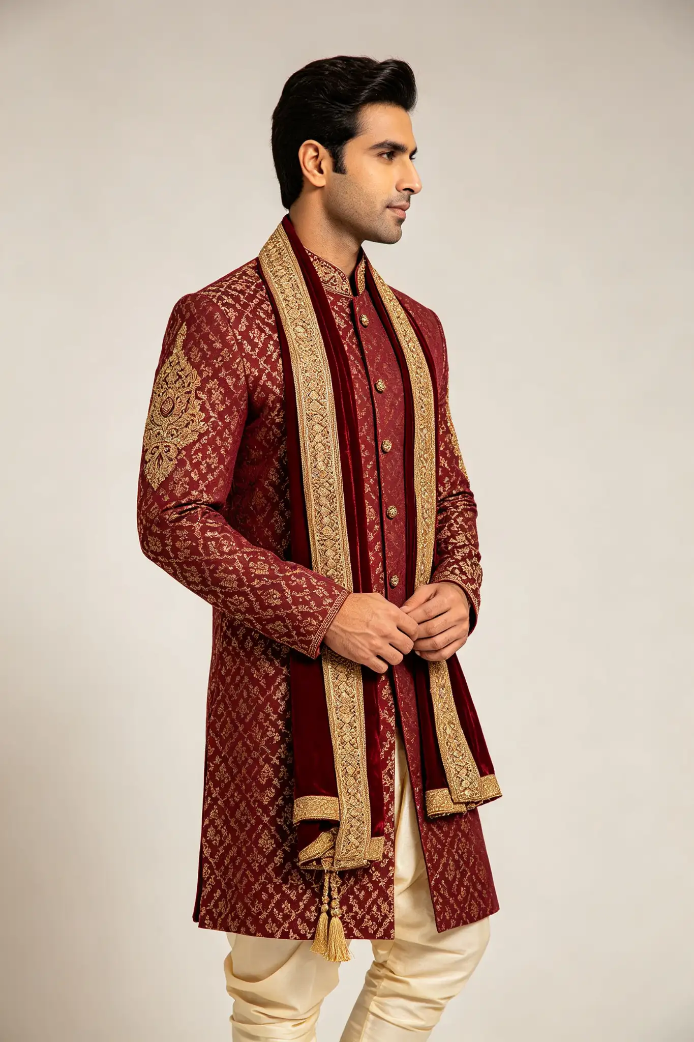Burgundy Brocade Sherwani with Stole - image 3
