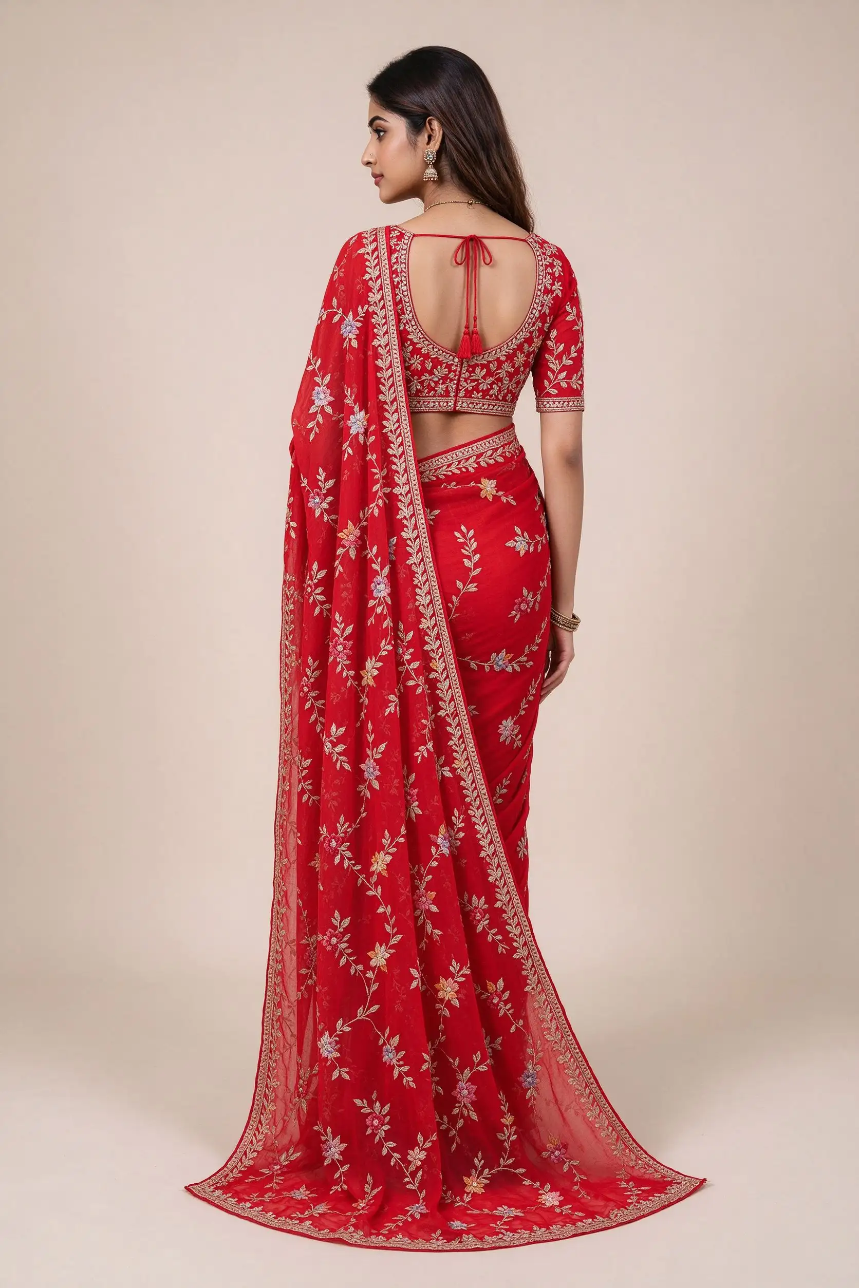 Red Embroidered Georgette Saree - Partywear - image 4