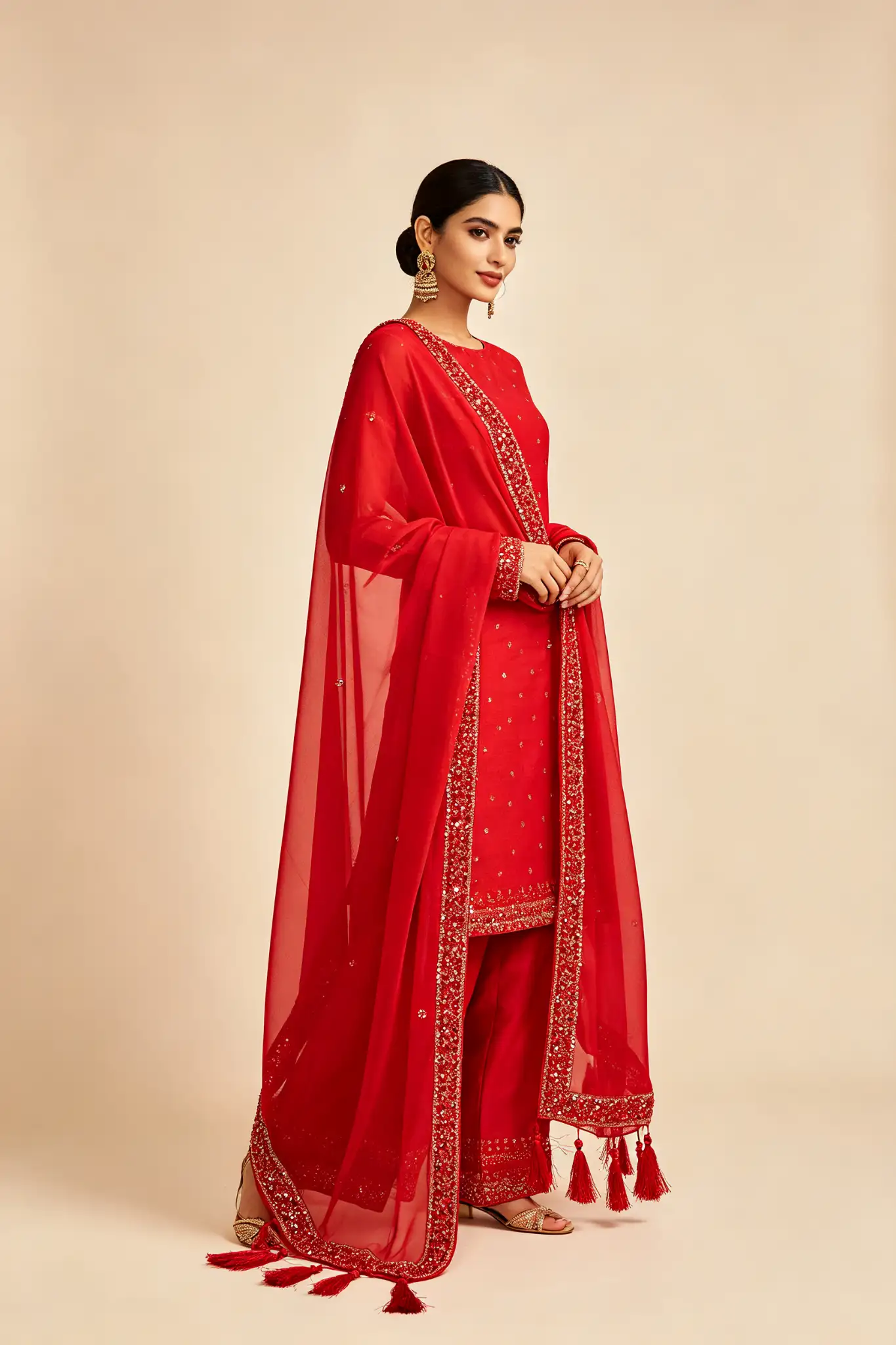 Chiffon Embroidered Dupatta - Red - image 4