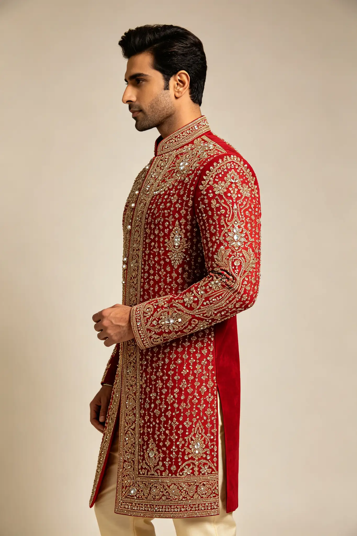 Red Heavy Embroidered Groom Sherwani - image 3