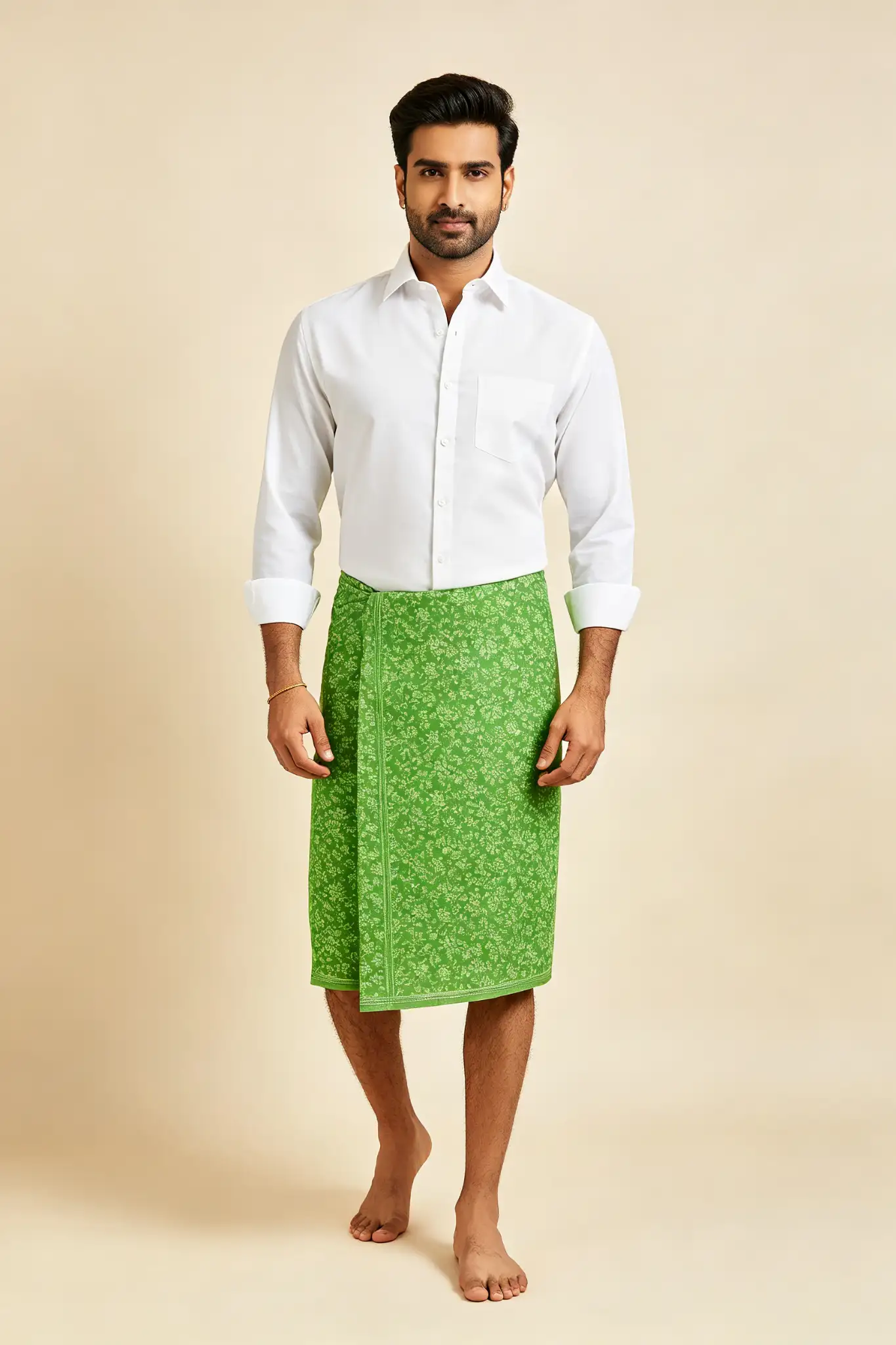 Green Floral Printed Cotton Lungi - image 2