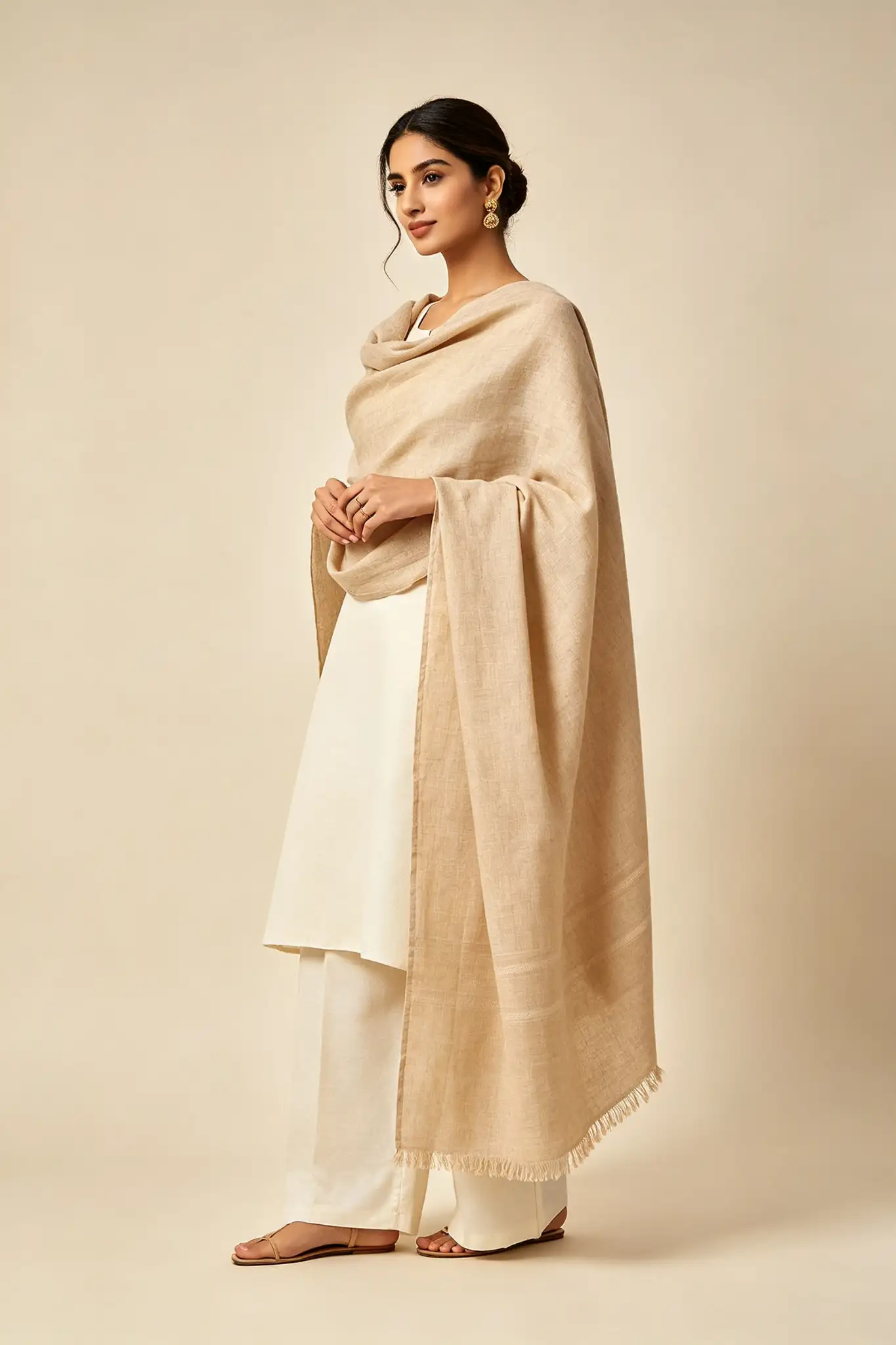 Linen Dupatta - Beige - image 3