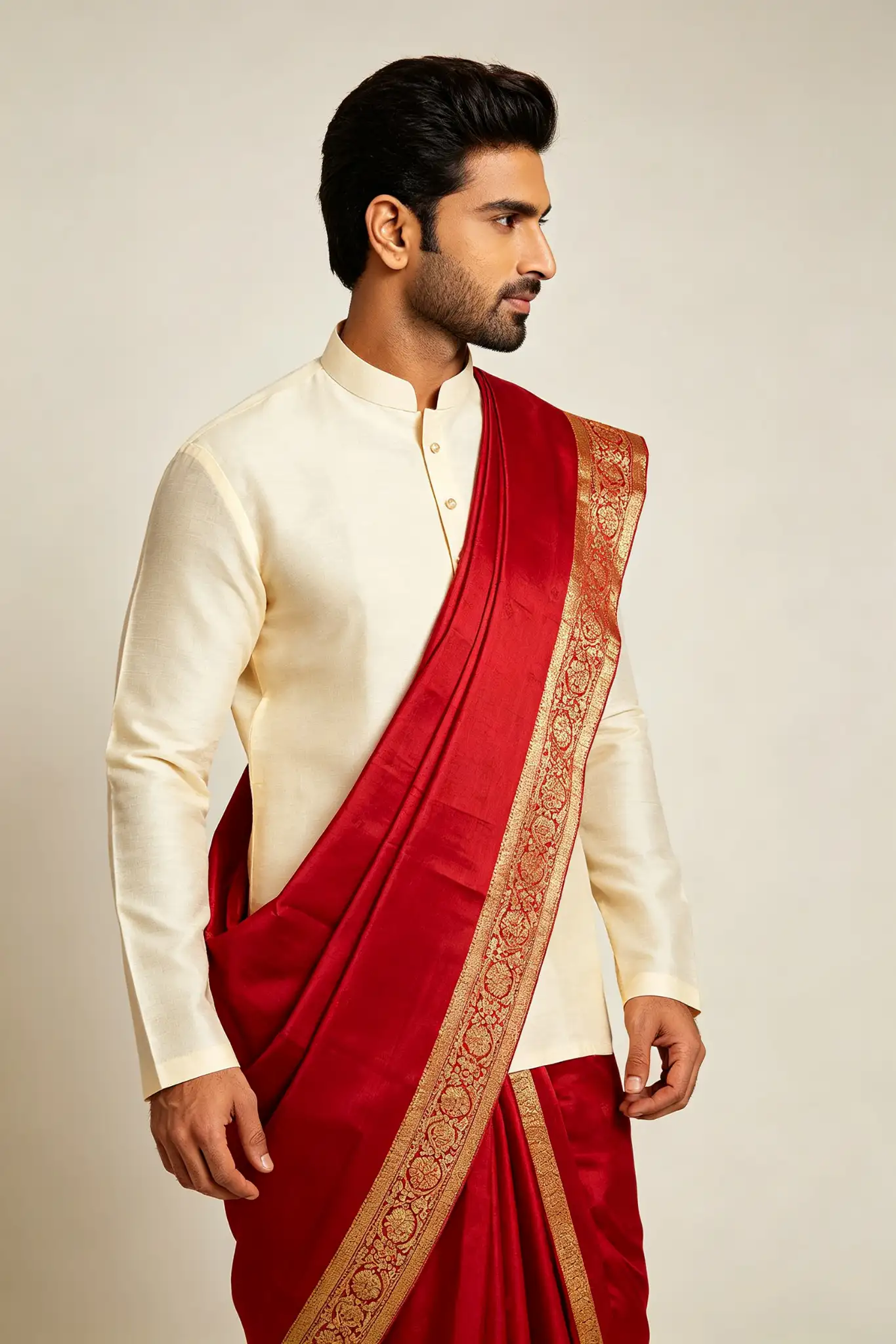 Red & Gold Zari Border Lungi - Festive - image 3