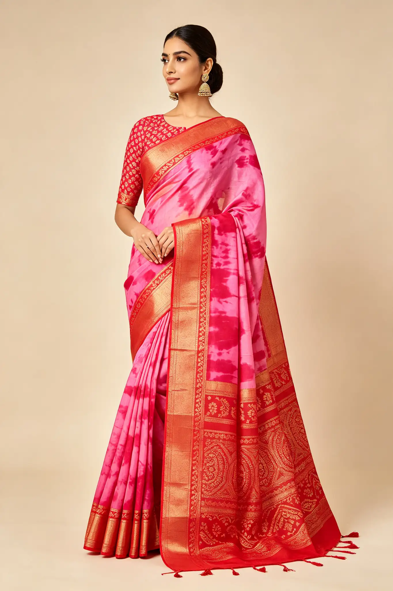 Bandhani Silk Saree - Pink & Red - image 2
