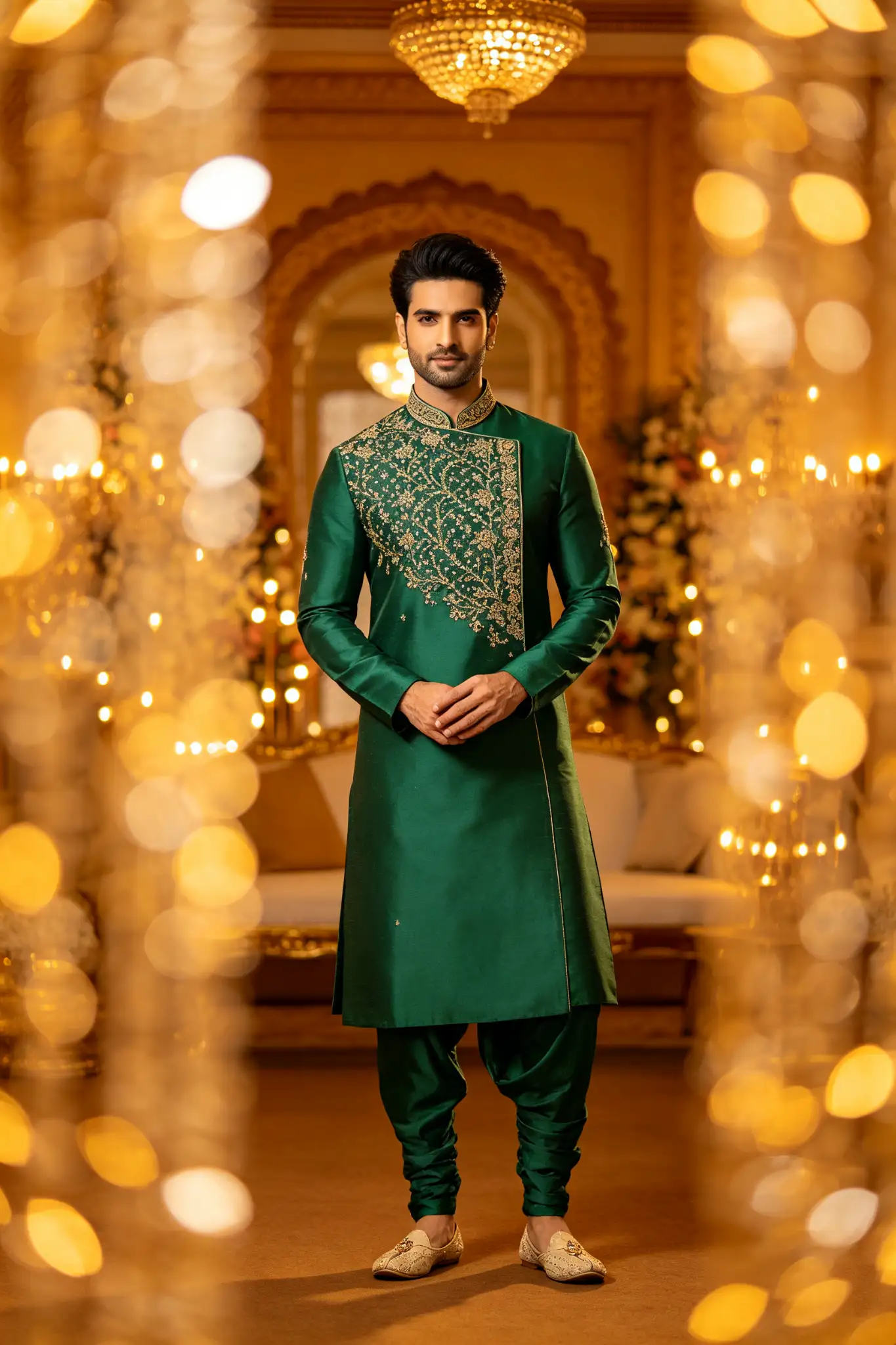 Emerald Green Embroidered Silk Kurta - Wedding - image 4