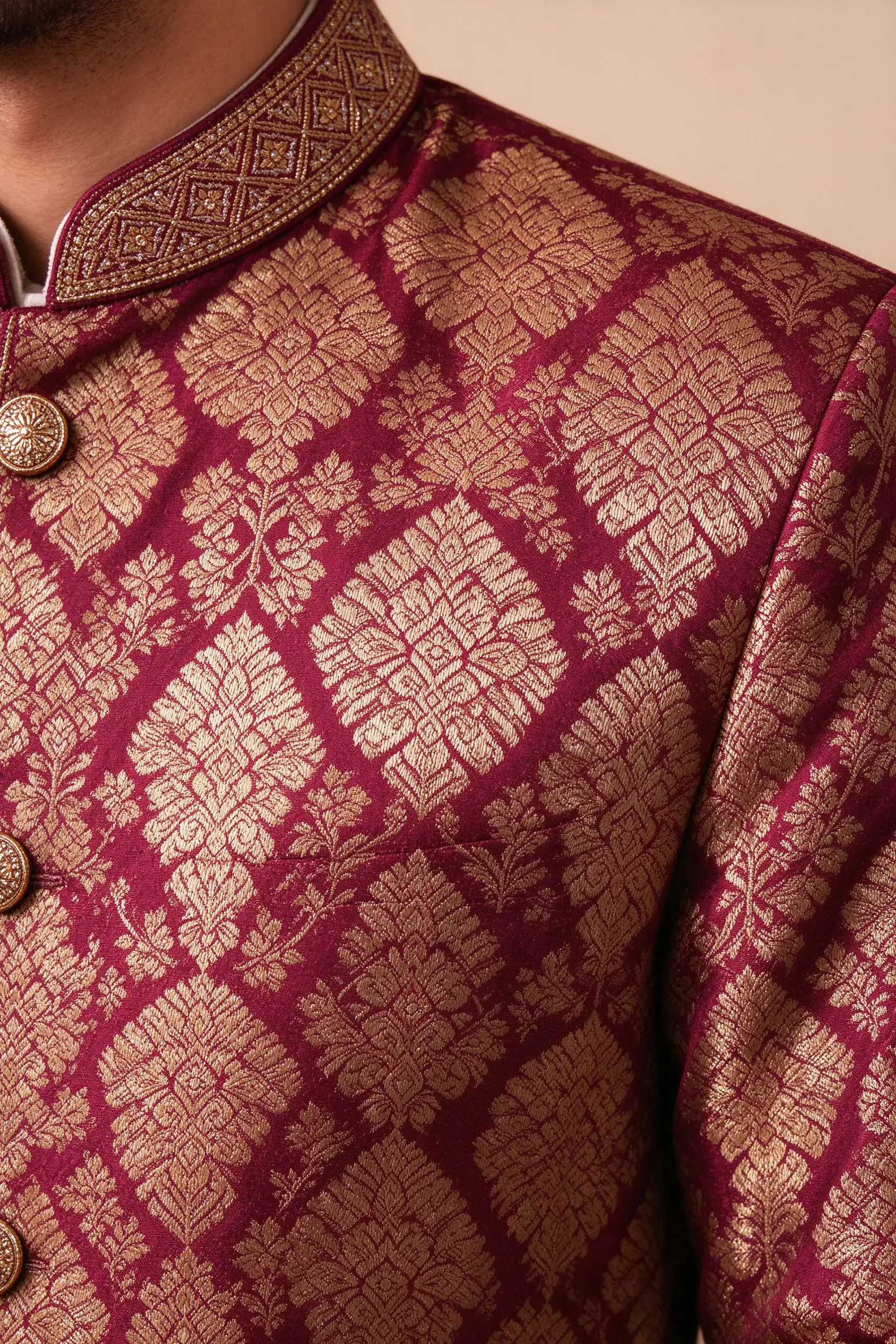 Maroon Brocade Silk Sherwani - Festive - image 6