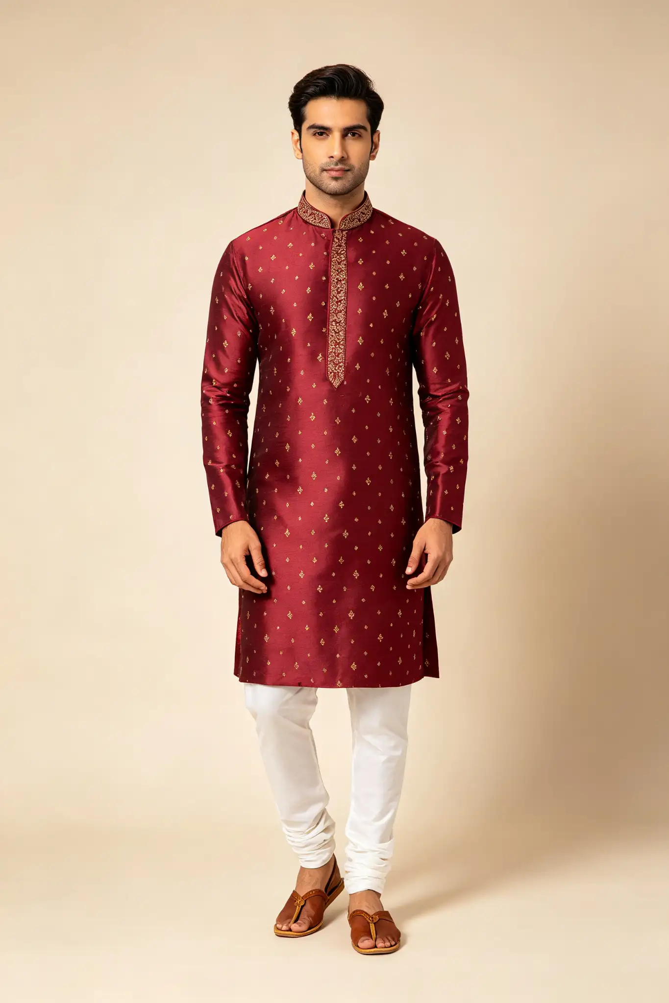 Wine Red Woven Silk Blend Kurta - Festive - image 3