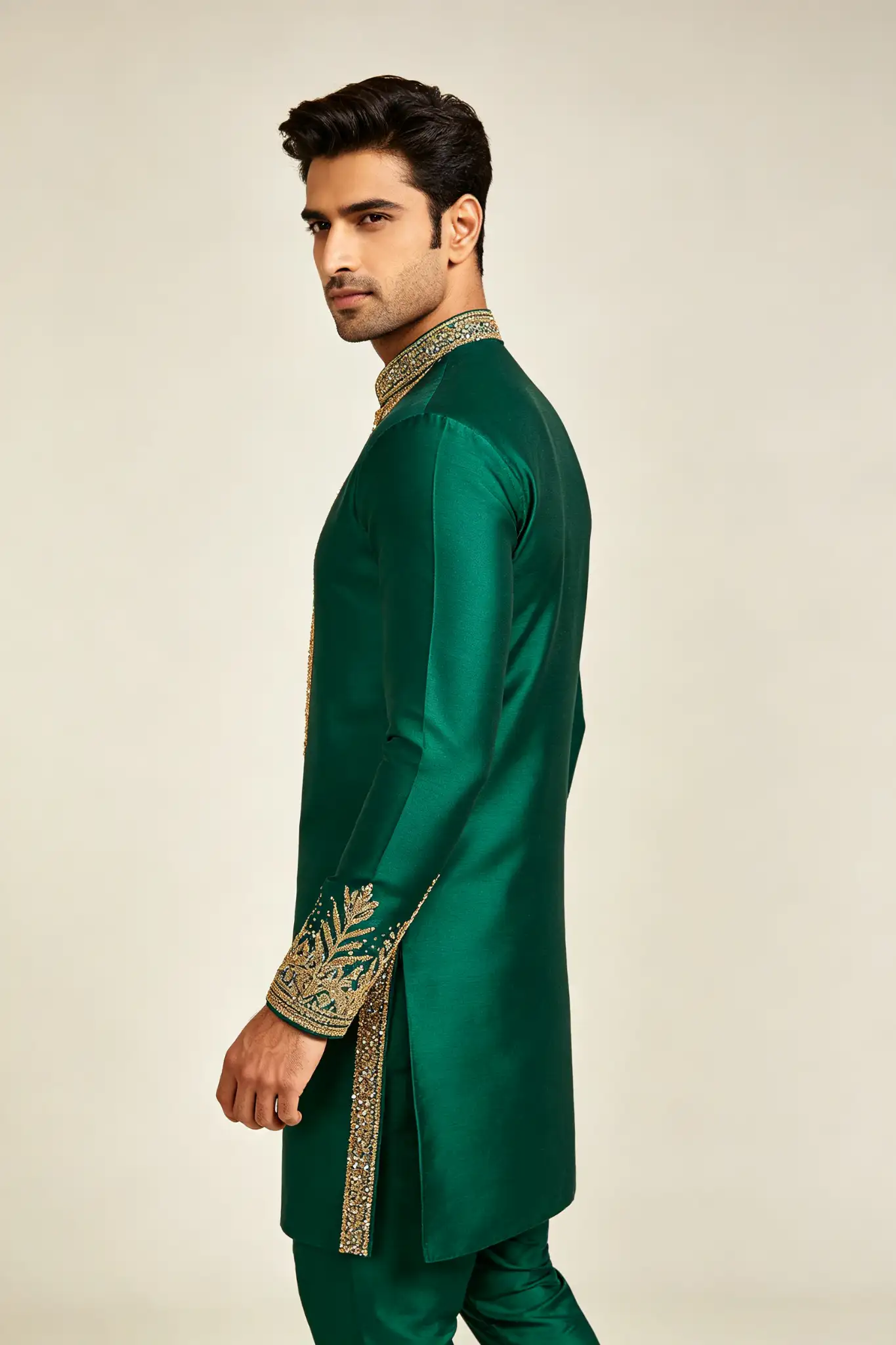Emerald Green Embroidered Silk Kurta - Wedding - image 2