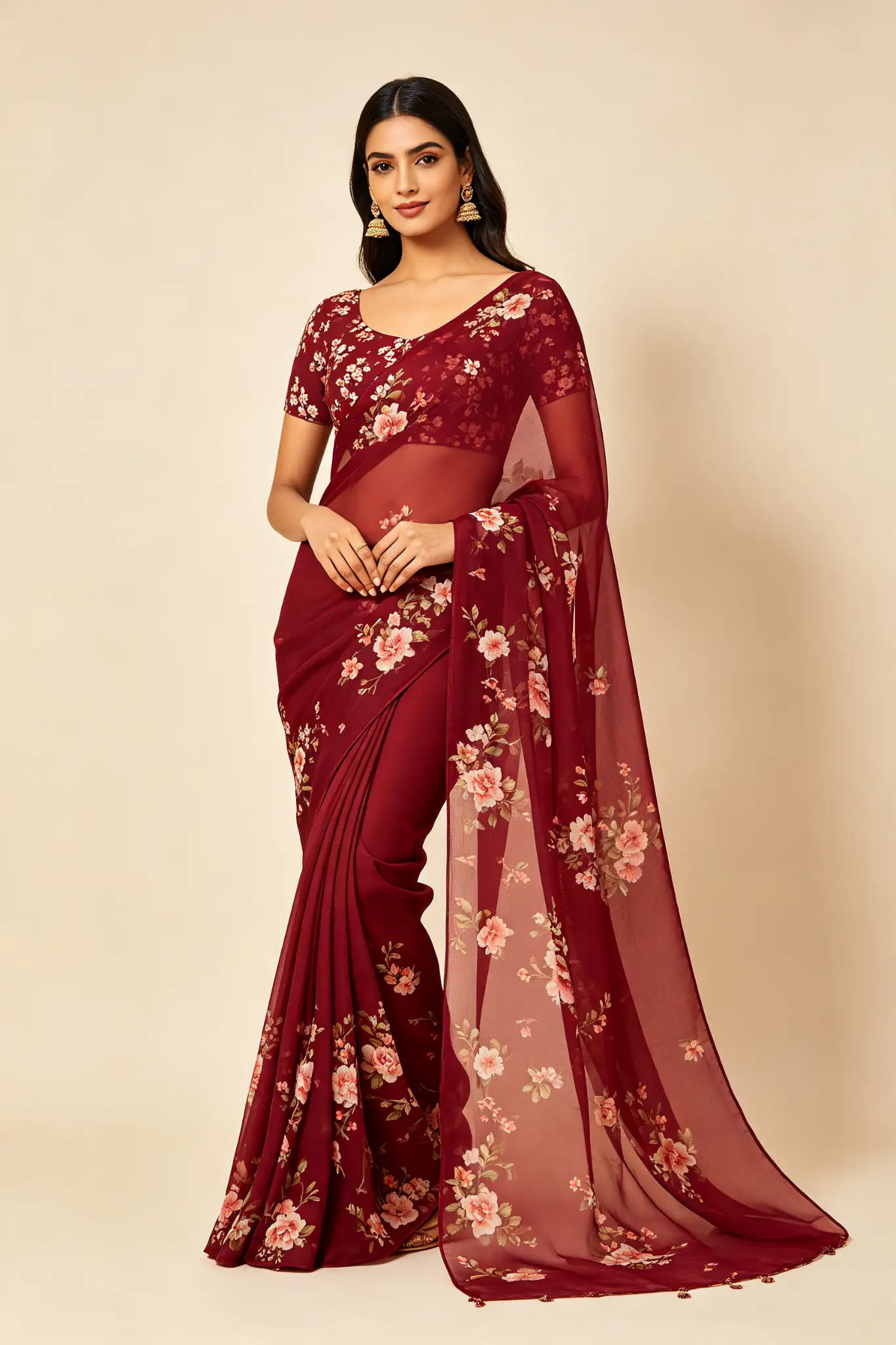 Georgette Printed Saree - Maroon - image 2