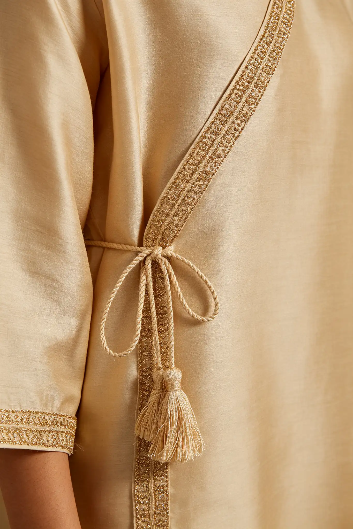 Beige Angrakha Style Silk Kurta - Festive - image 5