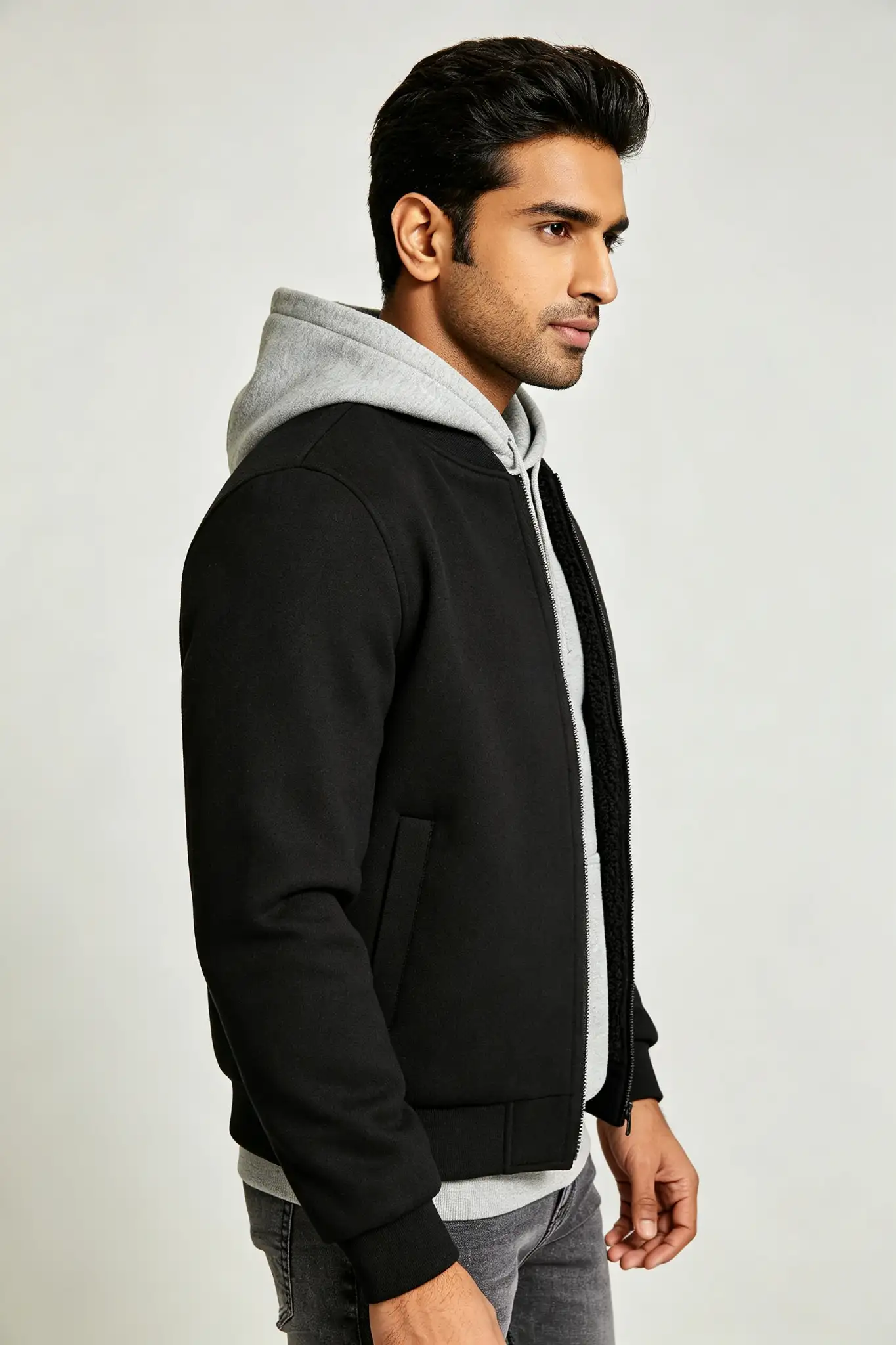 Black Bomber Jacket with Fleece Lining - image 3