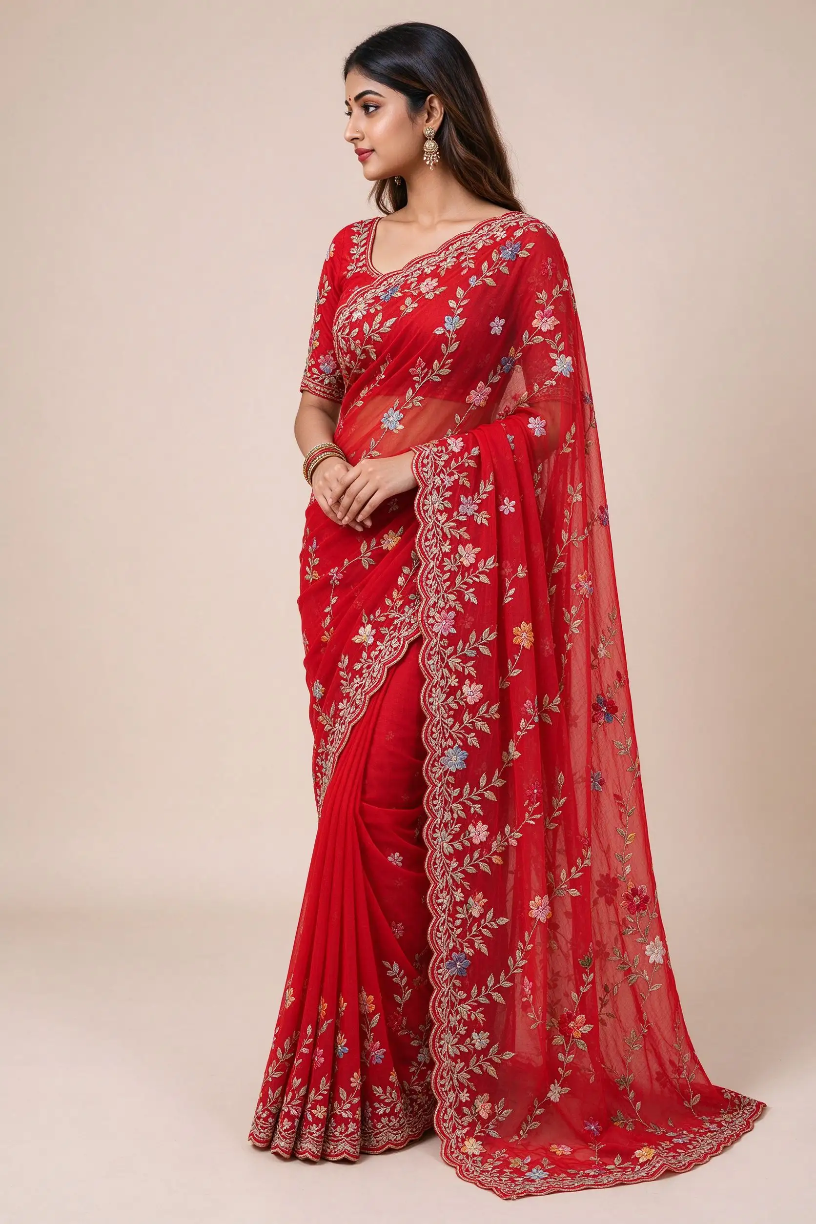 Red Embroidered Georgette Saree - Partywear - image 3