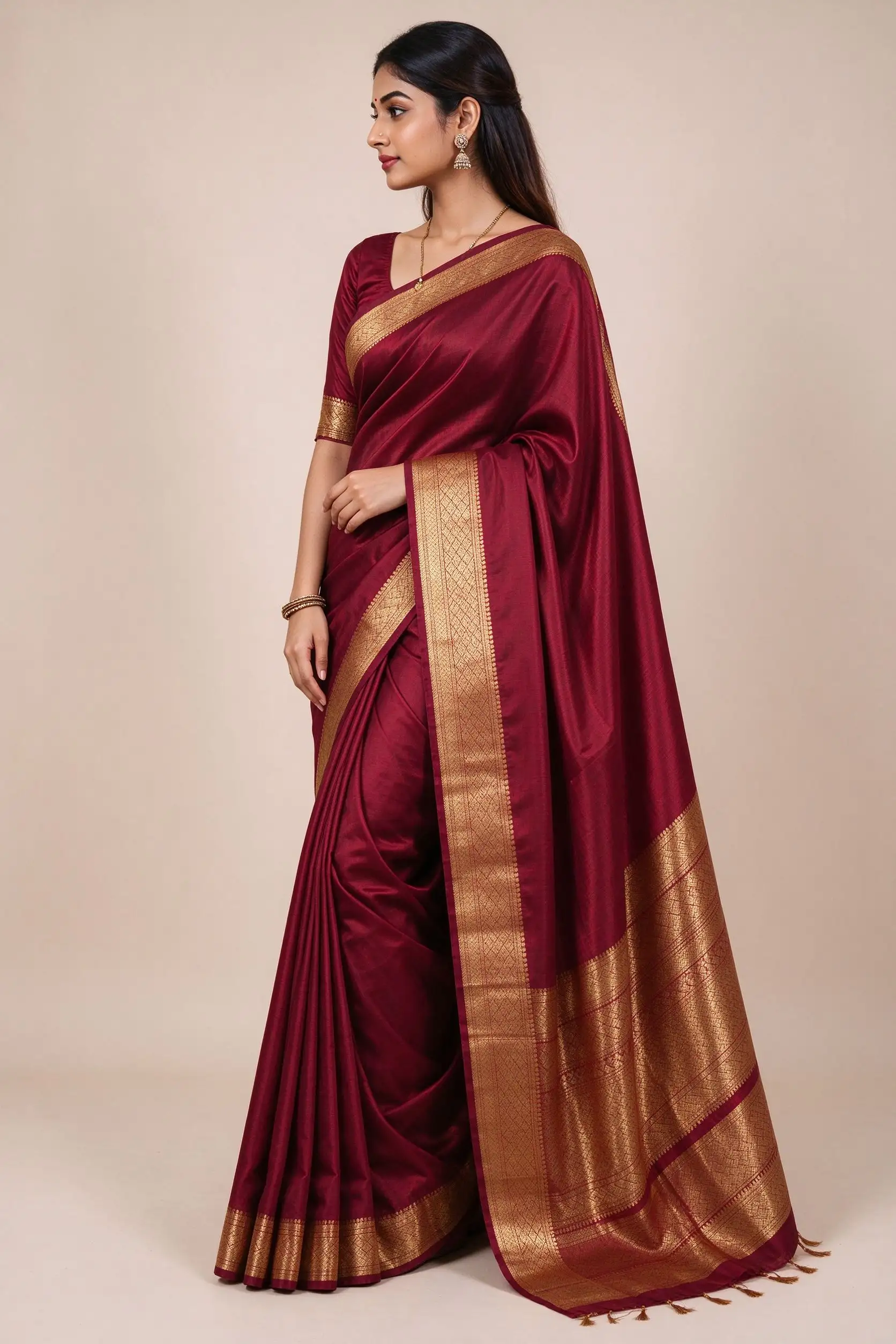 Wine Silk Saree with Zari Border - image 3