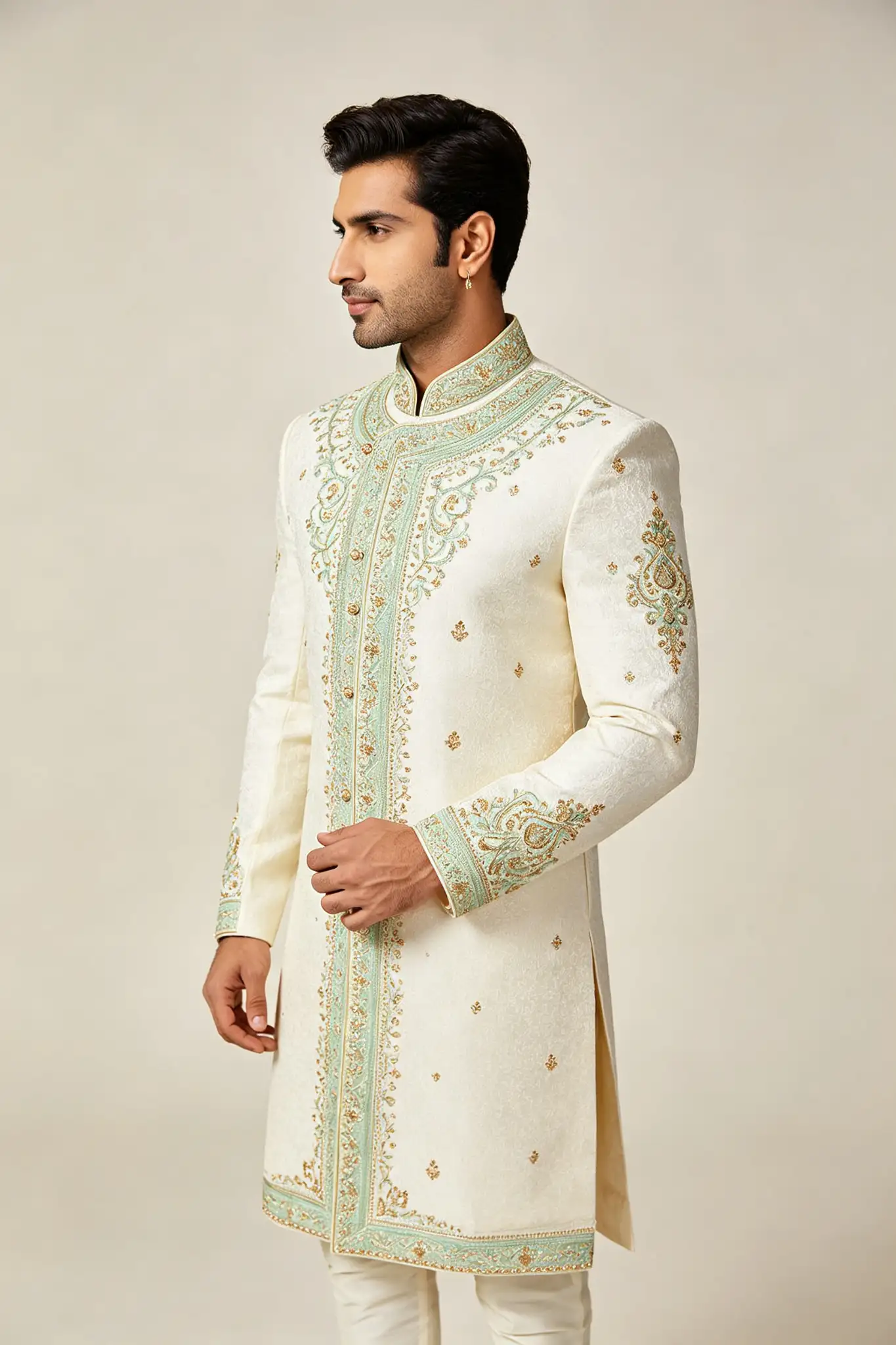 Off-White Embroidered Wedding Sherwani Set - image 3