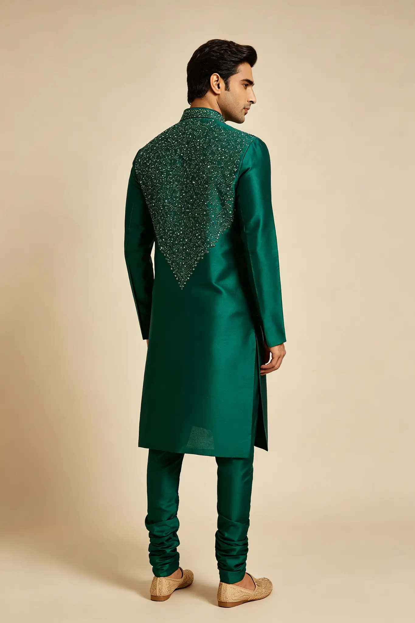 Emerald Green Embroidered Silk Kurta - Wedding - image 3