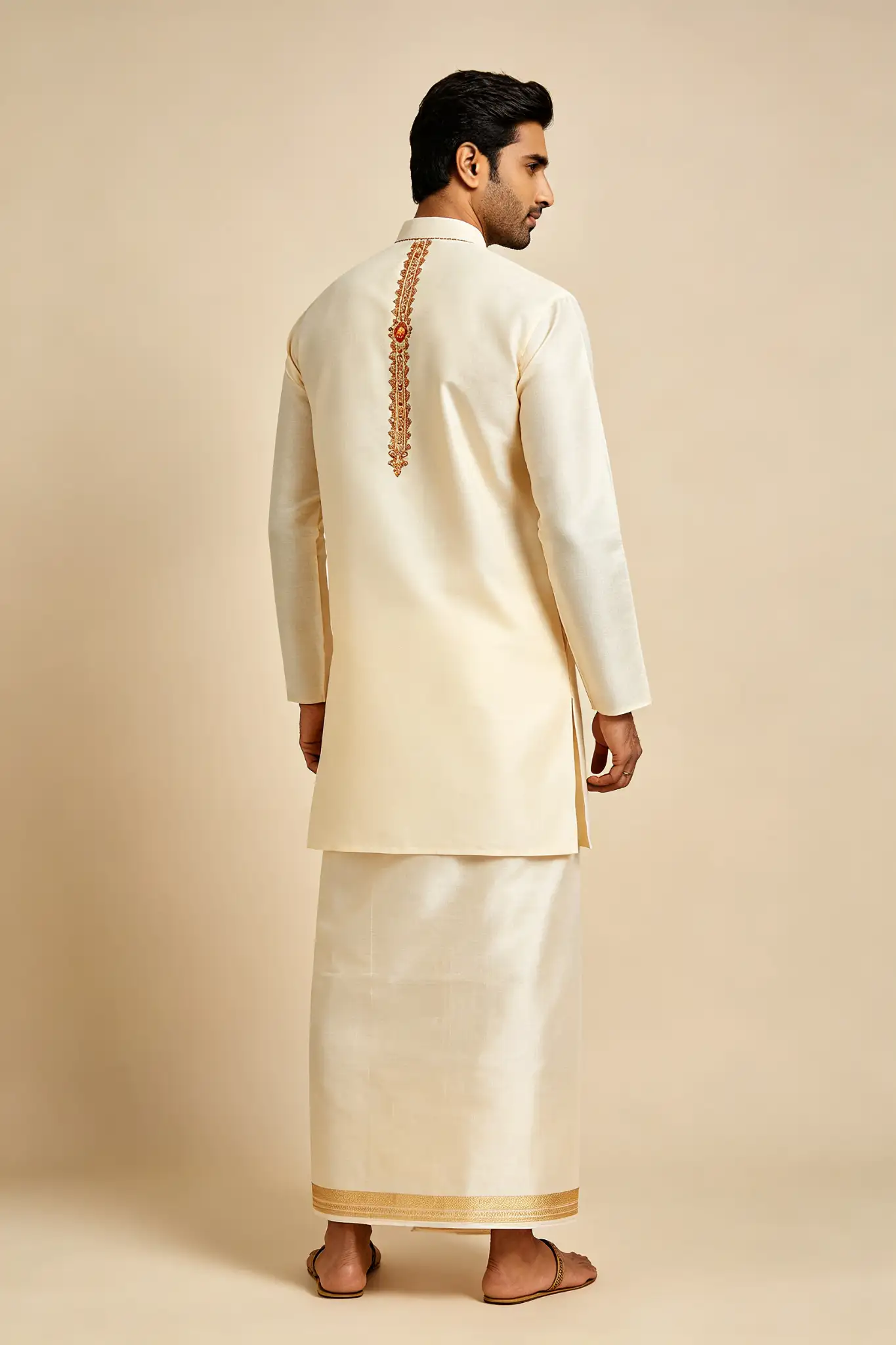 Temple Border Silk Cotton Lungi - Cream - image 4