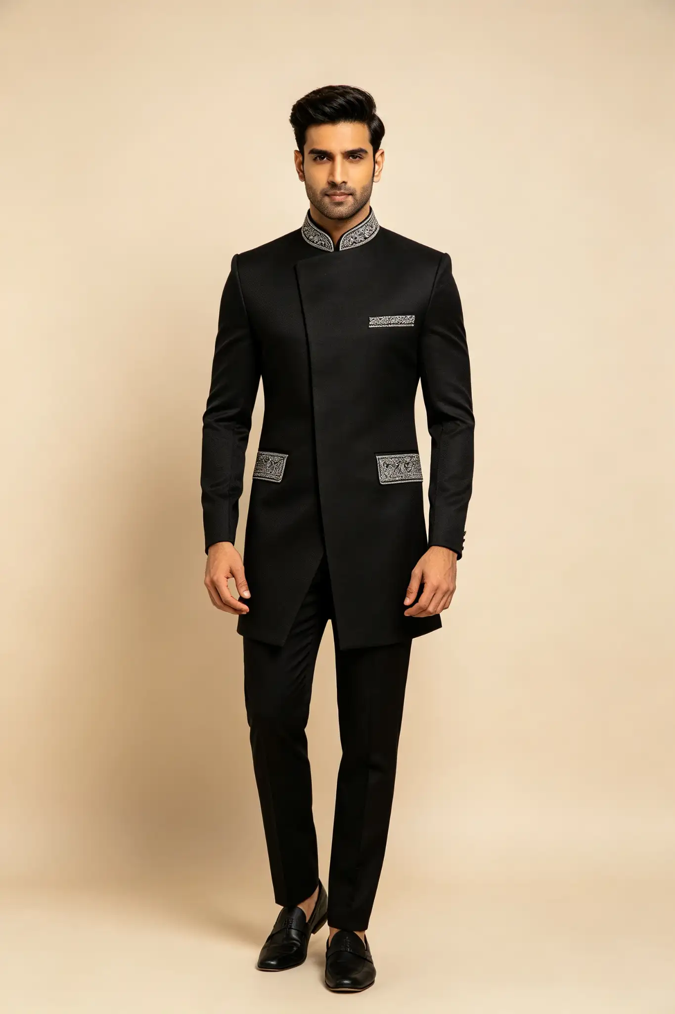 Black Slim Fit Embroidered Sherwani - Party - image 2