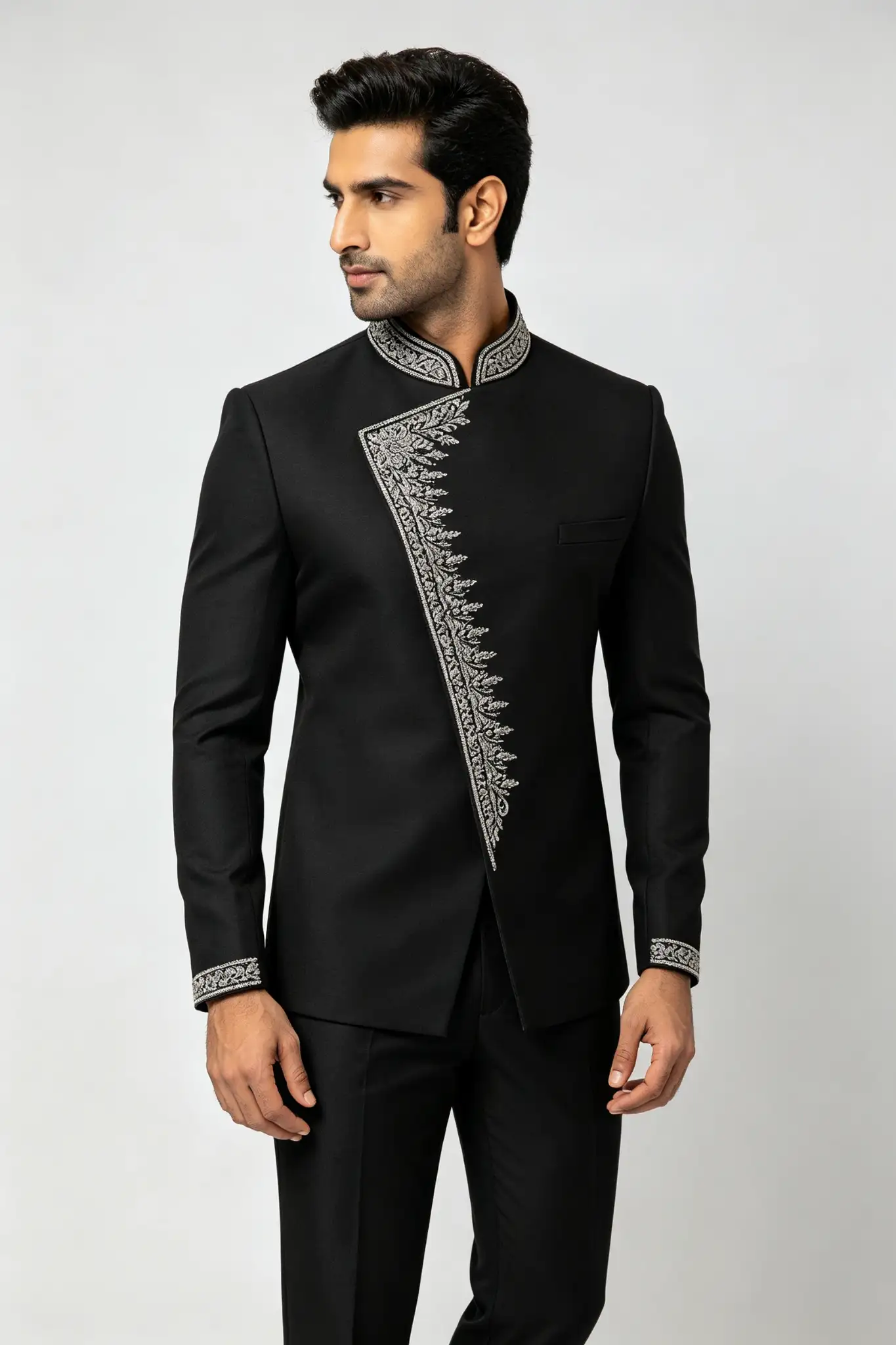 Black Slim Fit Embroidered Sherwani - Party - image 3