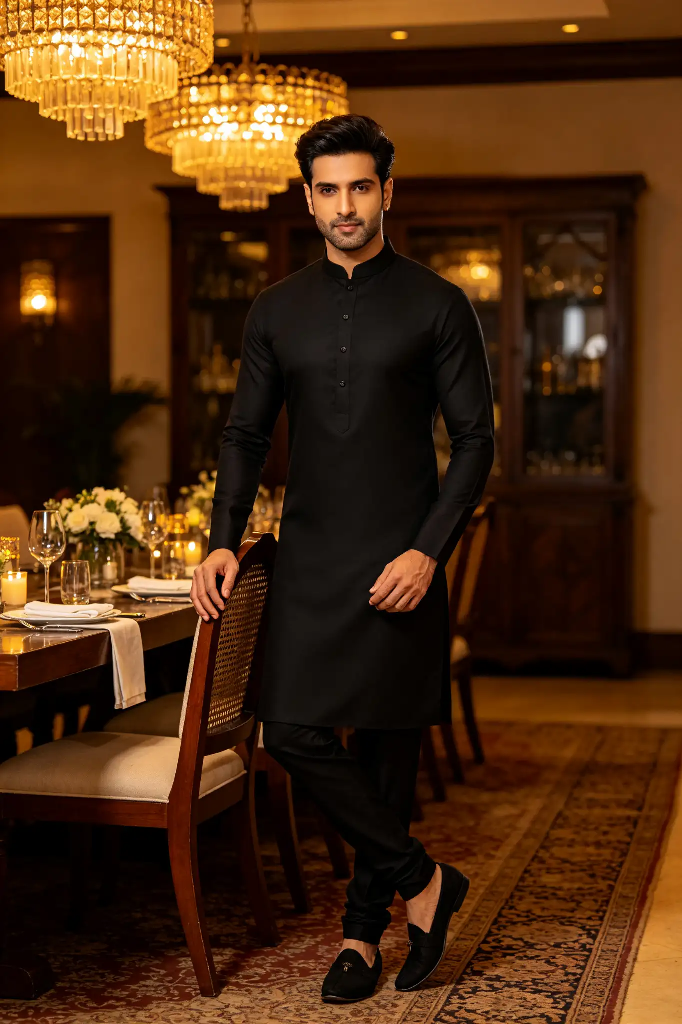 Black Pathani Style Cotton Kurta - Slim Fit - image 4