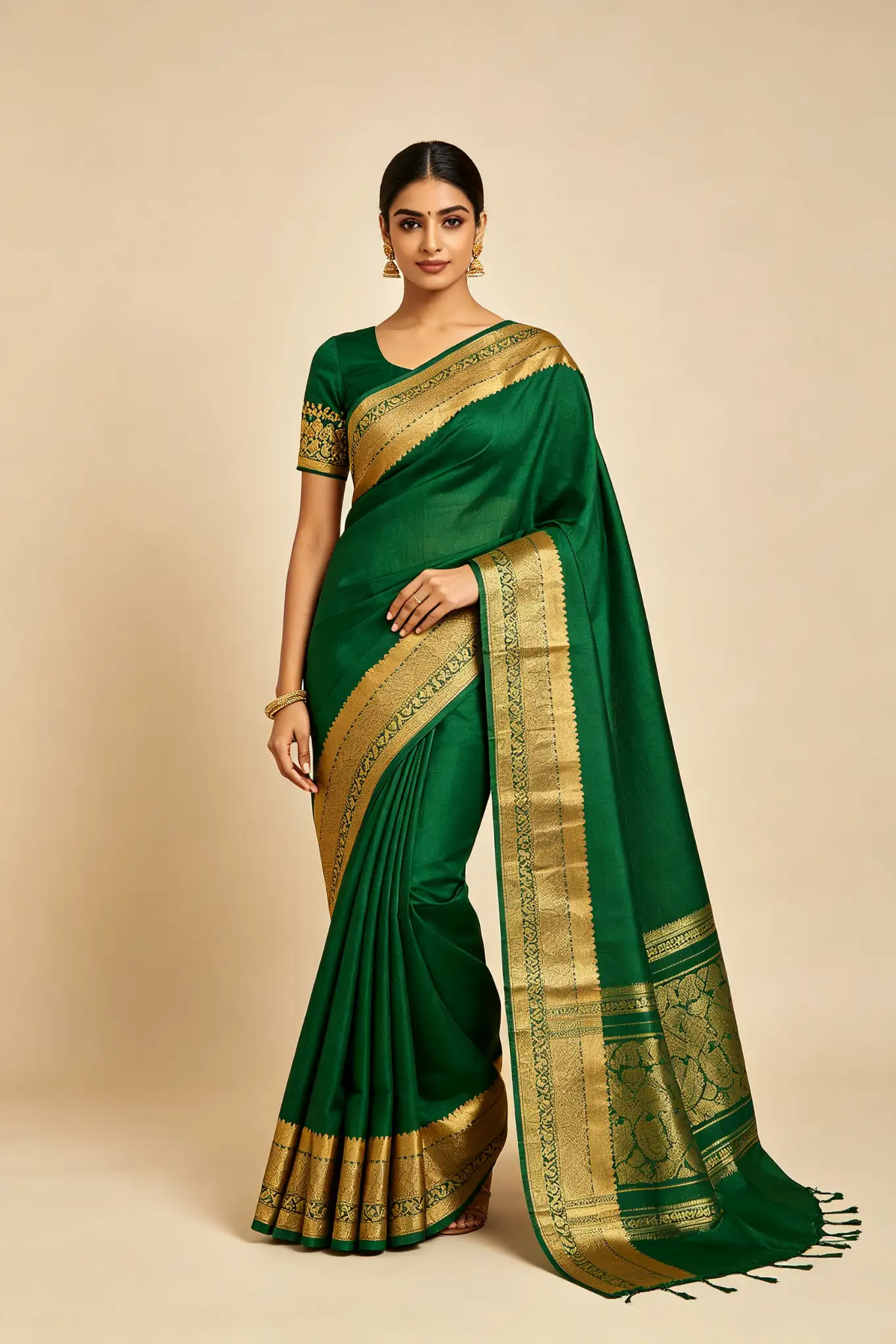 Kanjivaram Pure Silk Saree - Temple Green - image 2