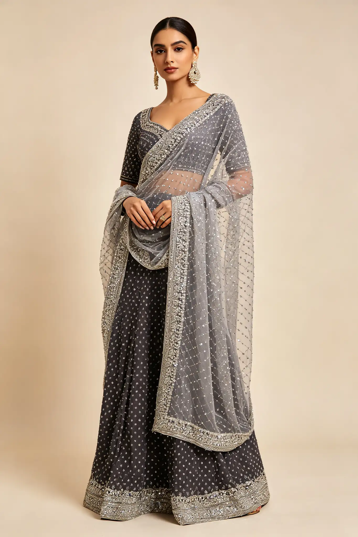 Sequined Net Dupatta - Silver - image 2
