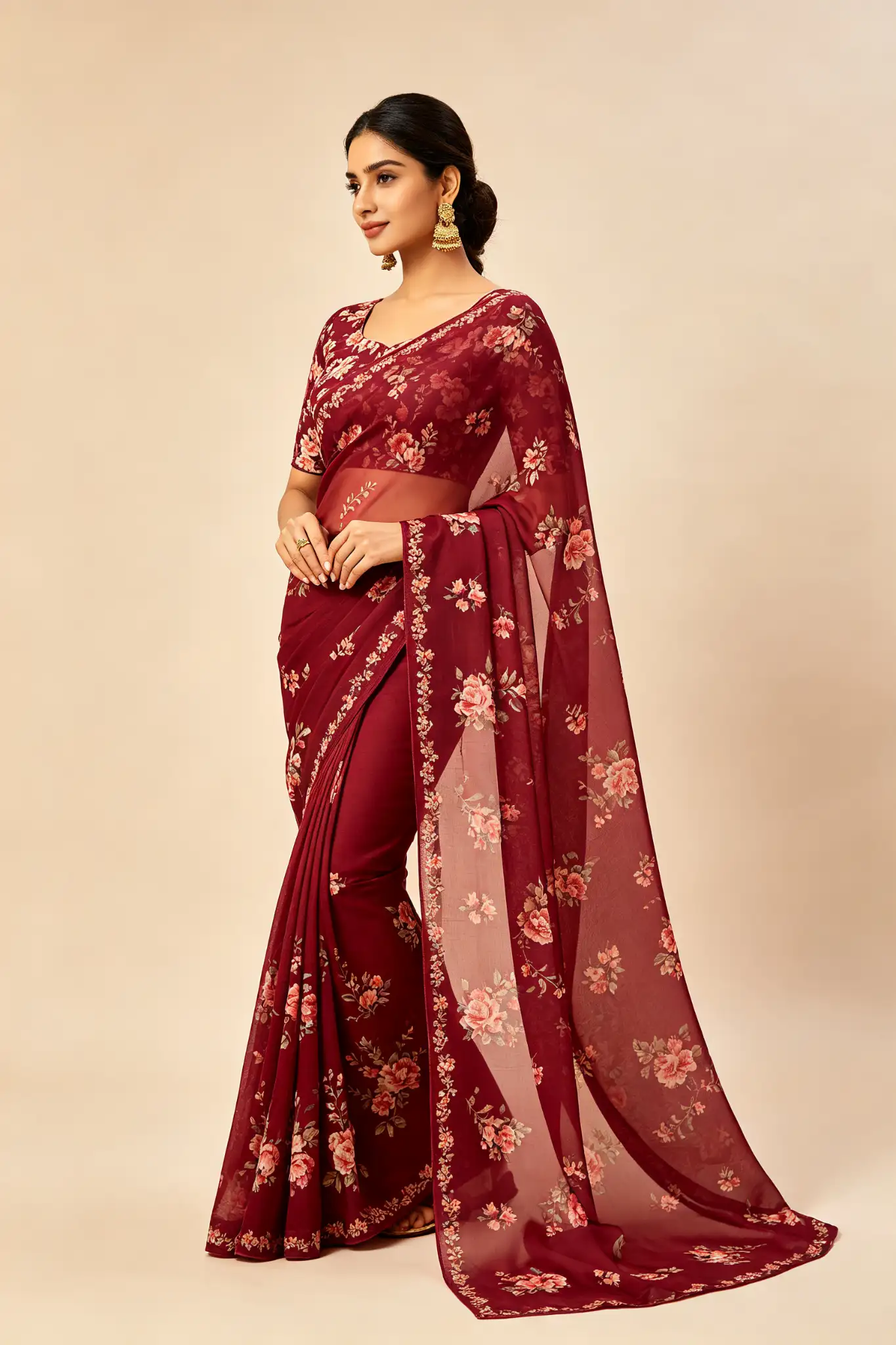 Georgette Printed Saree - Maroon - image 3