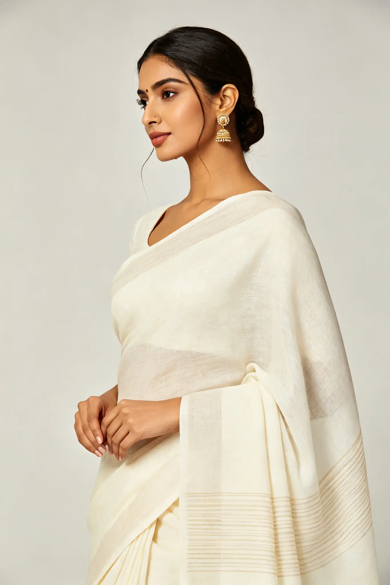 Off-White Linen Saree - Formal - image 3