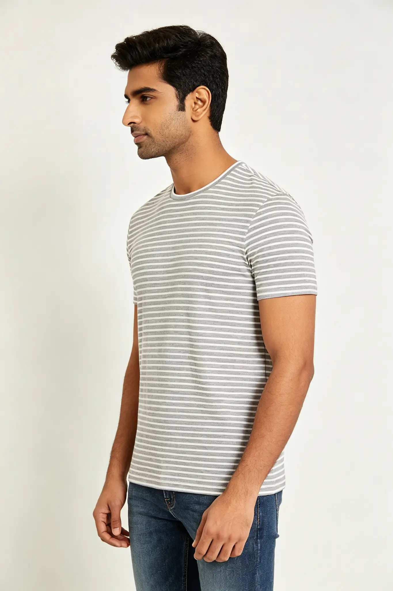 Striped Round Neck T-Shirt - Grey/White - image 3
