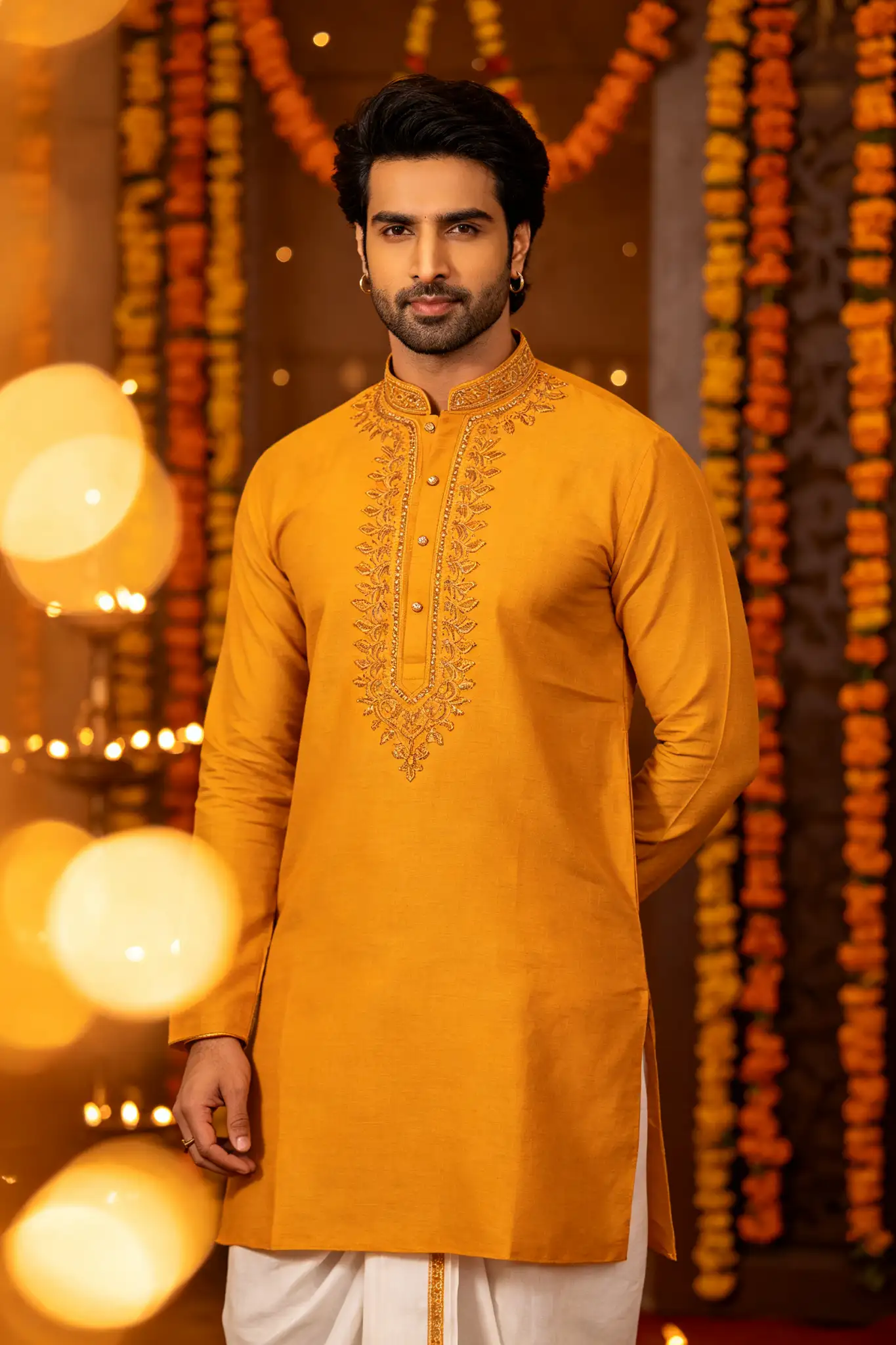 Festive Embroidered Pure Cotton Kurta - Mustard - image 4