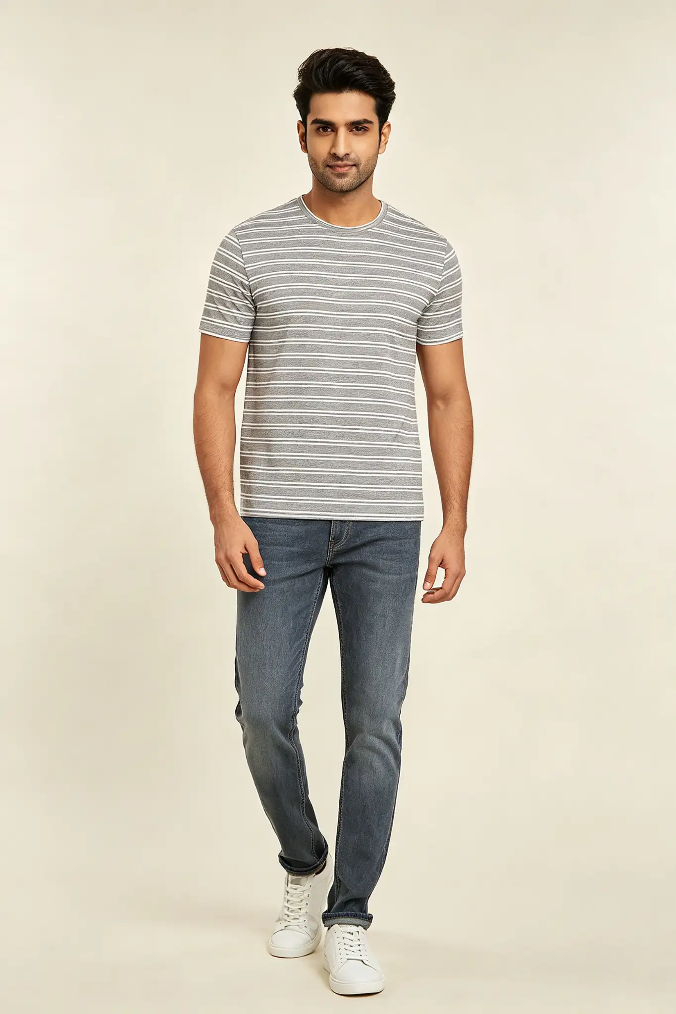 Striped Round Neck T-Shirt - Grey/White - image 2