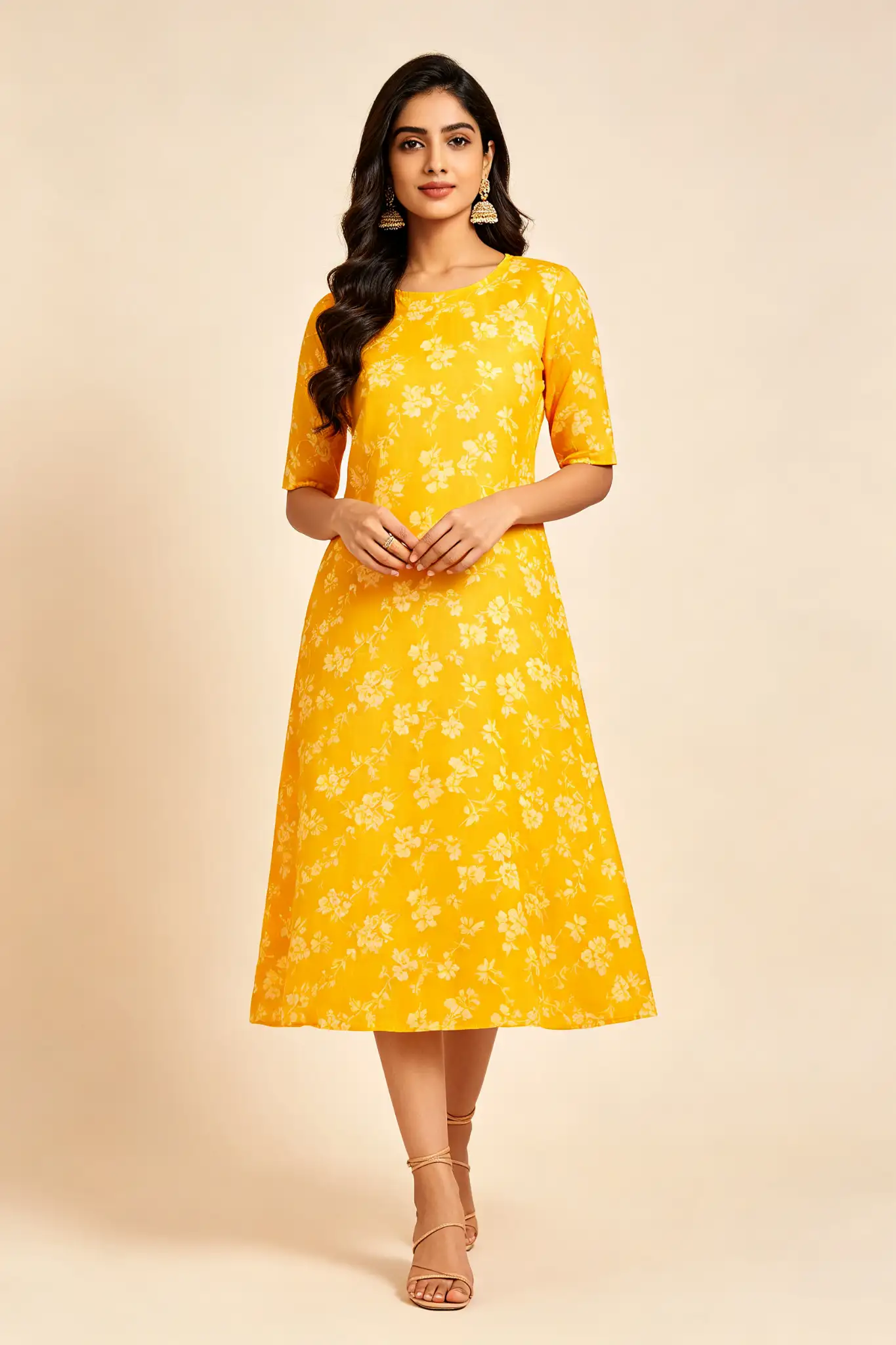Floral Print A-Line Dress - Yellow - image 2