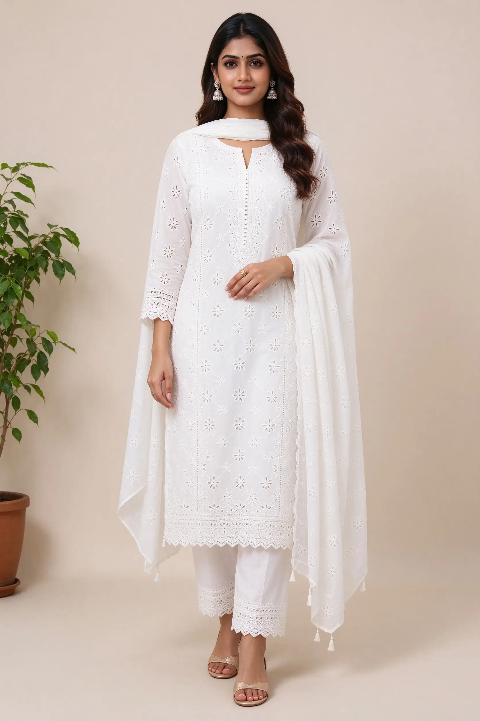 Chikankari Cotton Suit - White - image 2