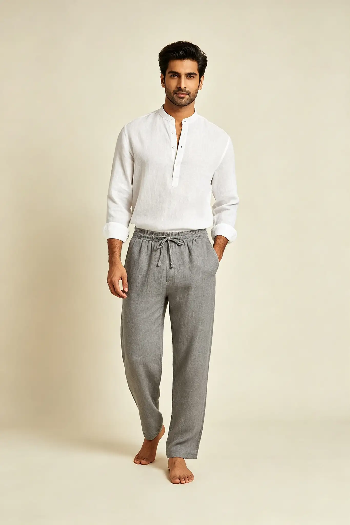 Grey Linen Blend Drawstring Pants - image 2