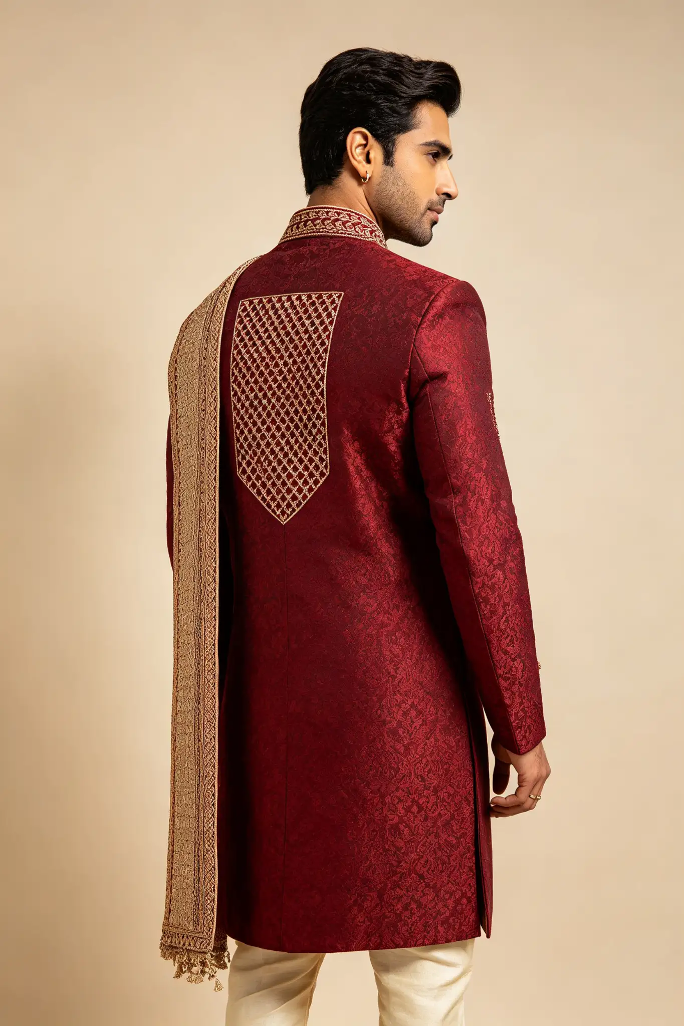 Burgundy Brocade Sherwani with Stole - image 4