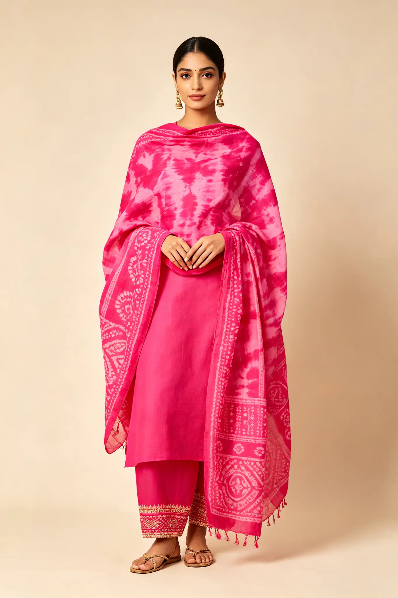Bandhani Cotton Dupatta - Pink - image 2