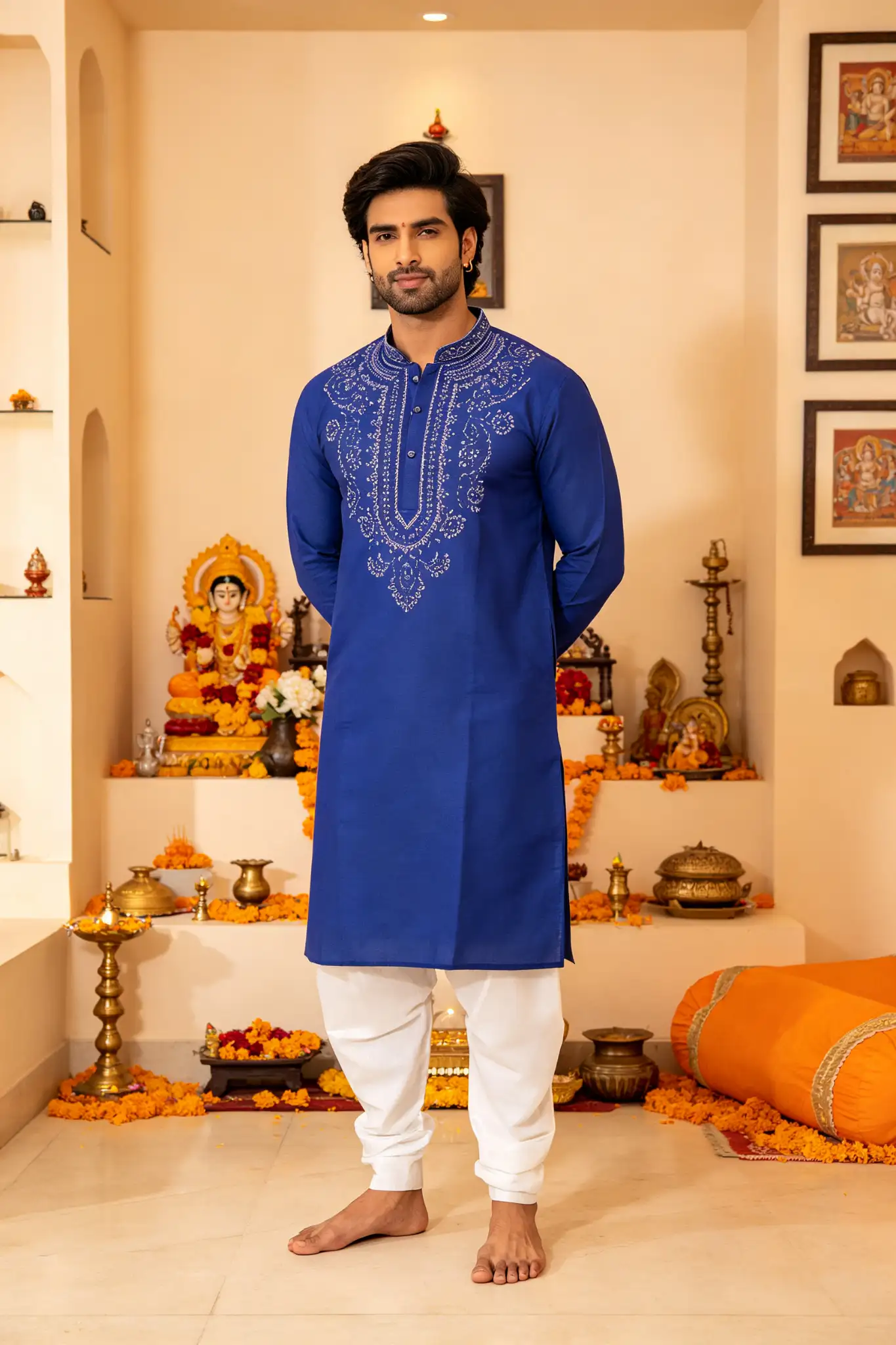 Royal Blue Chikankari Cotton Kurta - Regular Fit - image 4