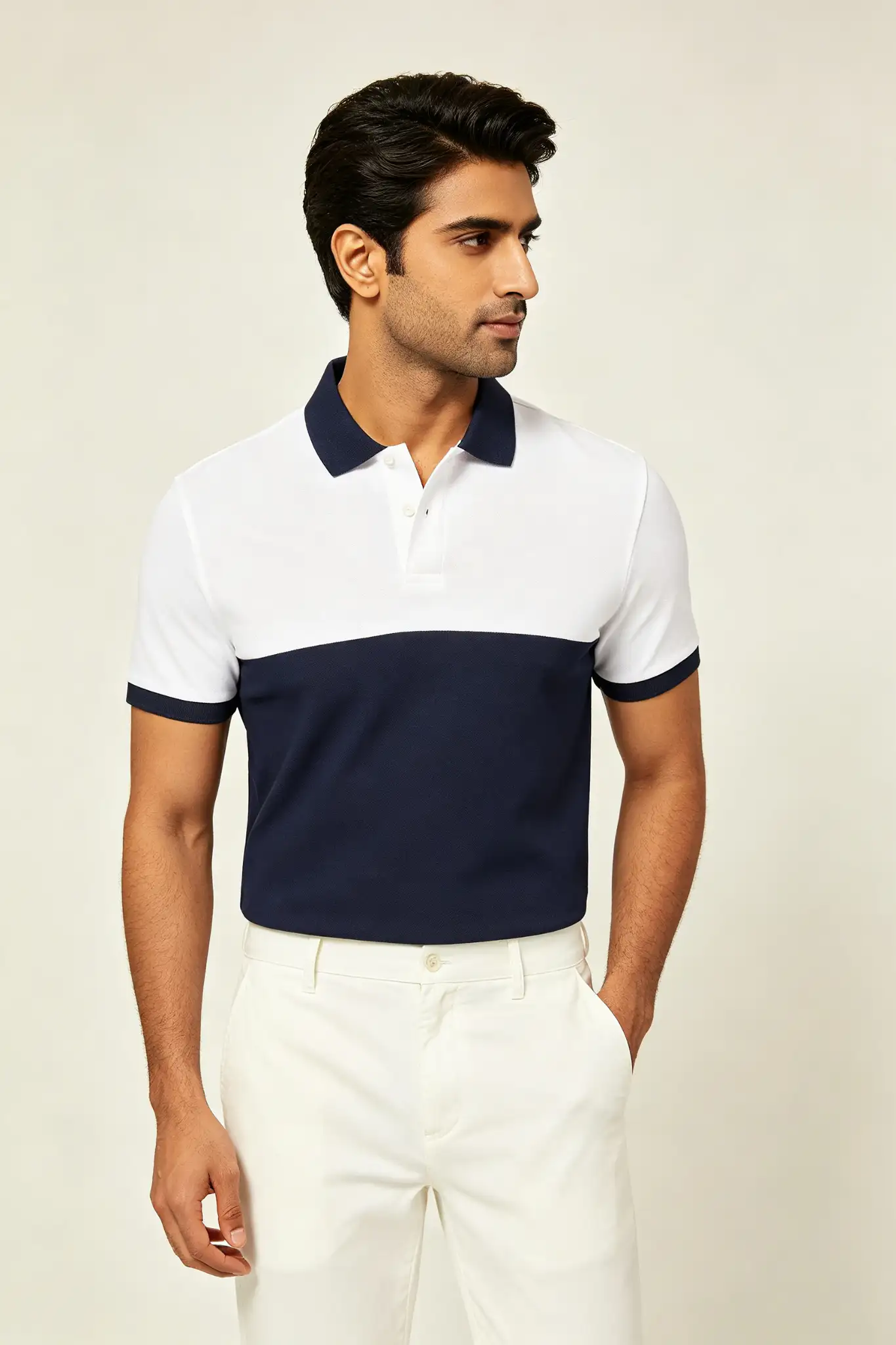 White & Navy Colourblock Polo - image 3