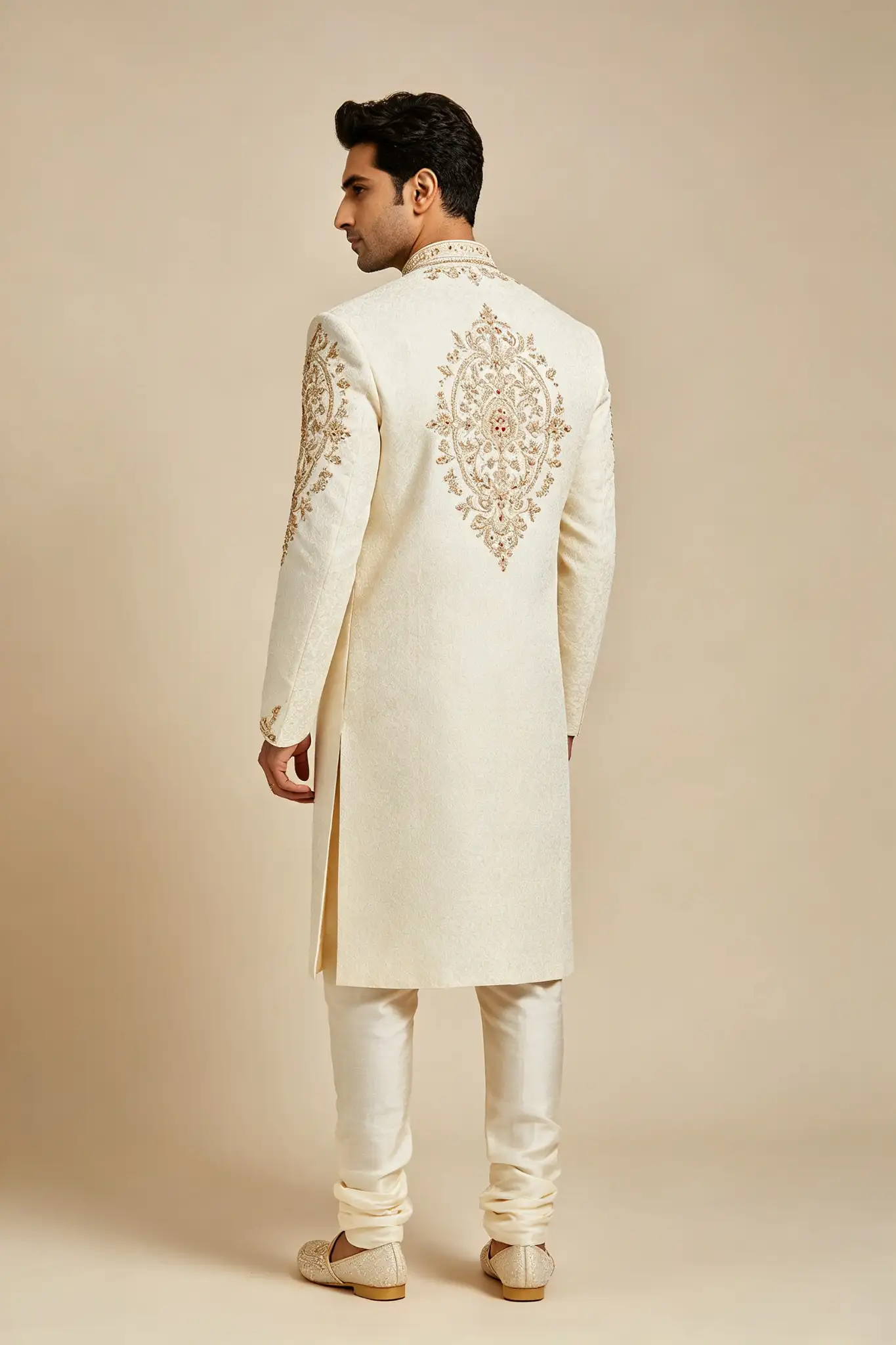 Off-White Embroidered Wedding Sherwani Set - image 4