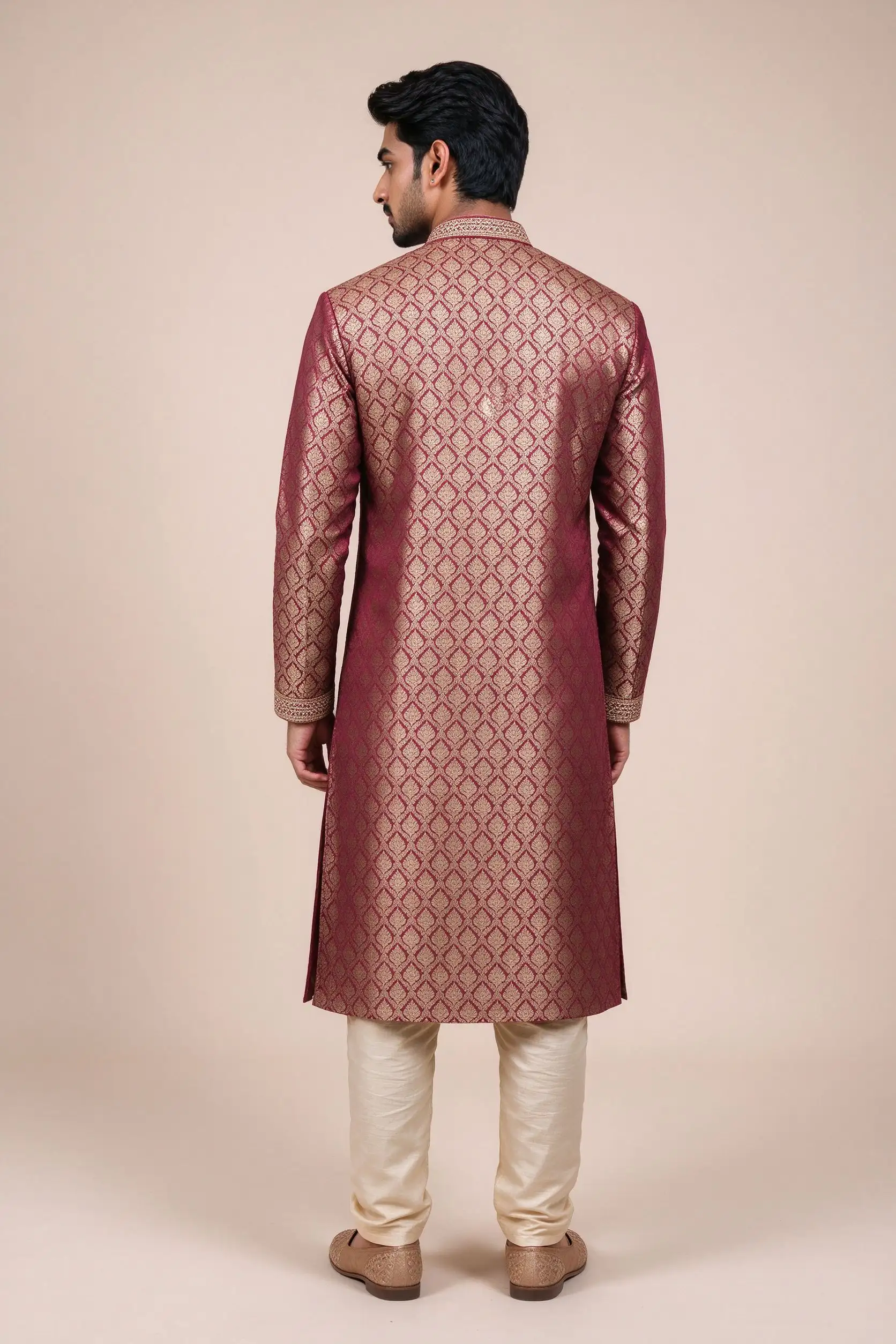 Maroon Brocade Silk Sherwani - Festive - image 4
