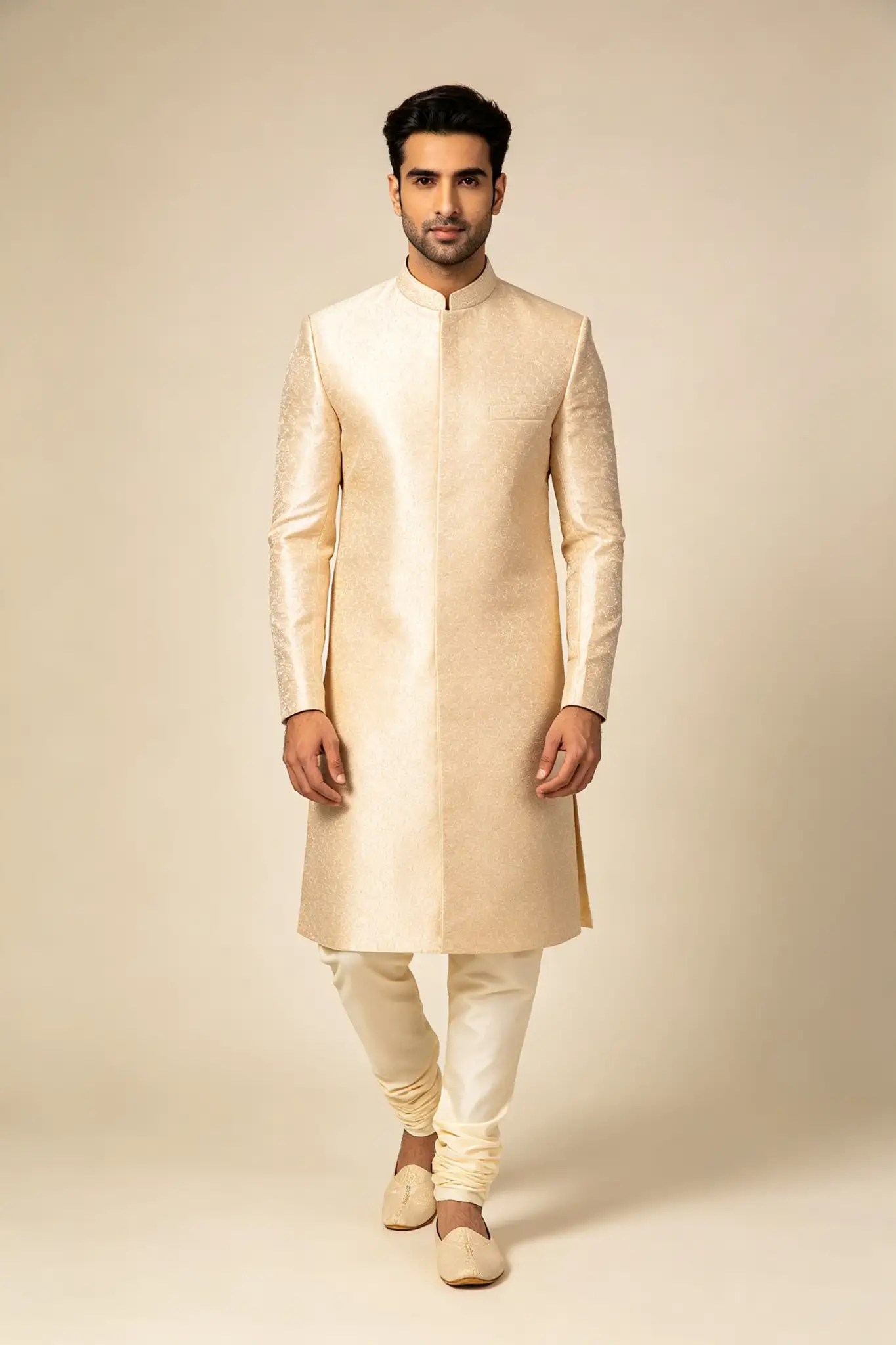 Beige Bandhgala Silk Sherwani - Formal - image 2