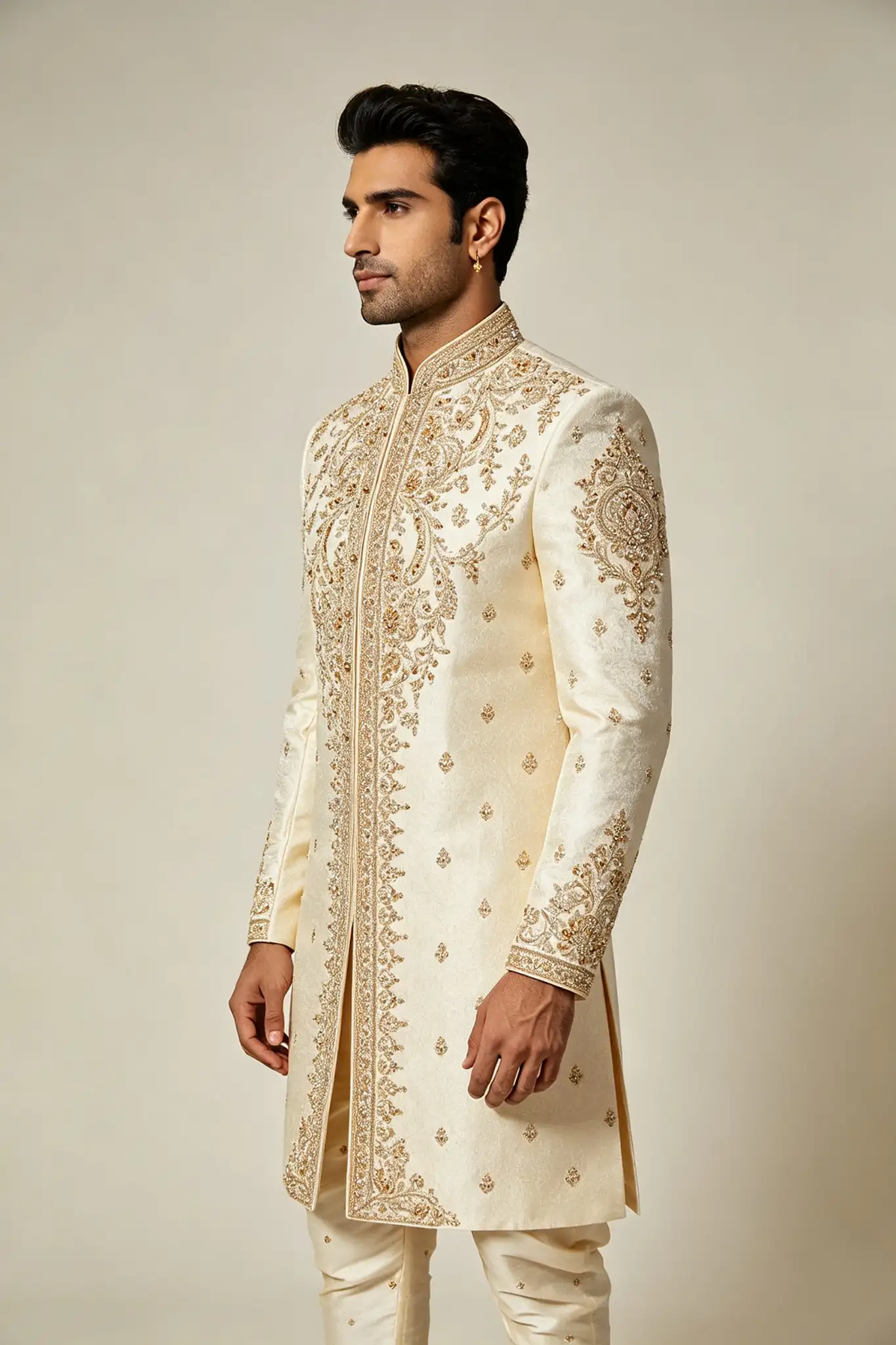 Cream Embroidered Silk Sherwani Set - Wedding - image 3