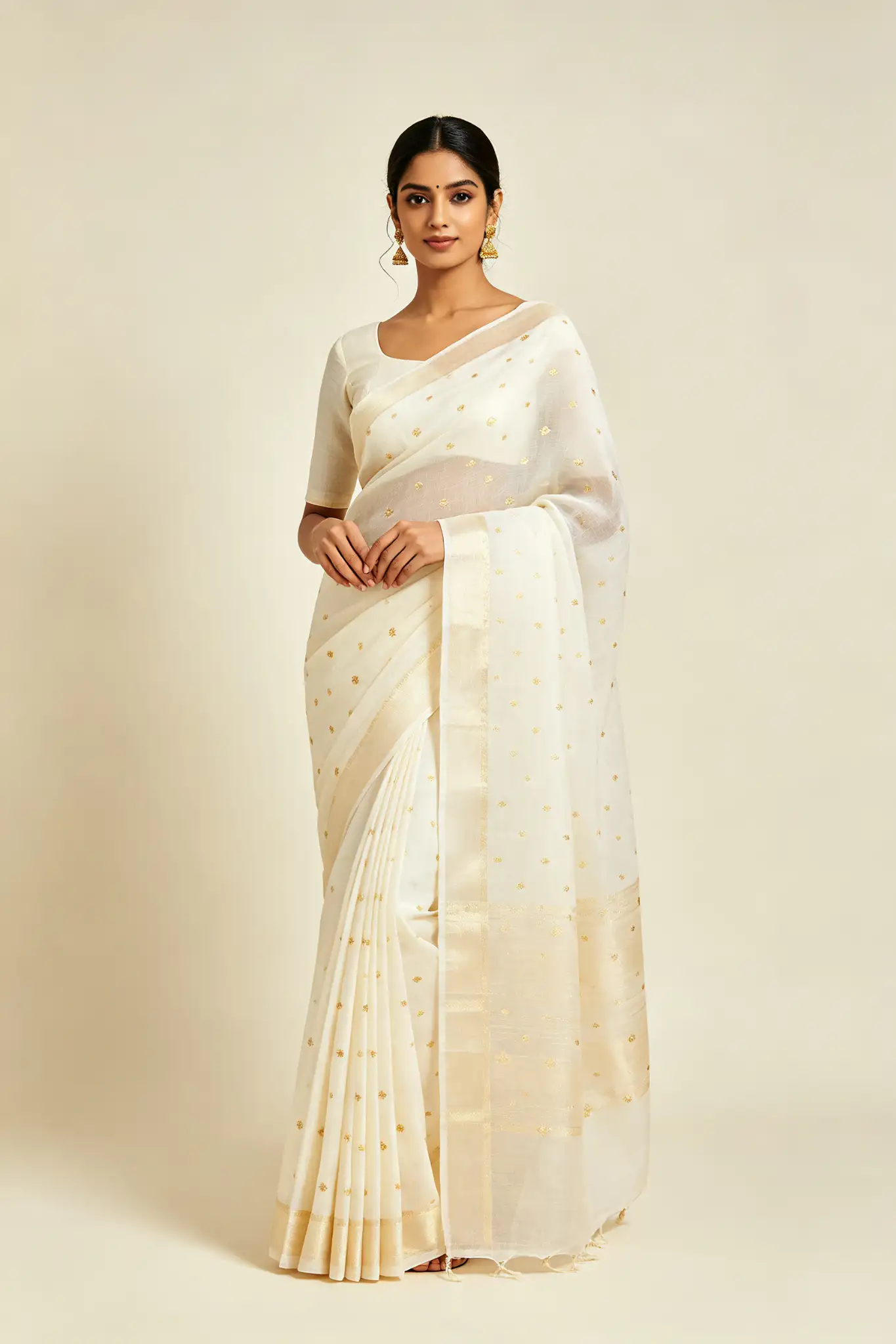 Chanderi Cotton Silk Saree - Ivory - image 2