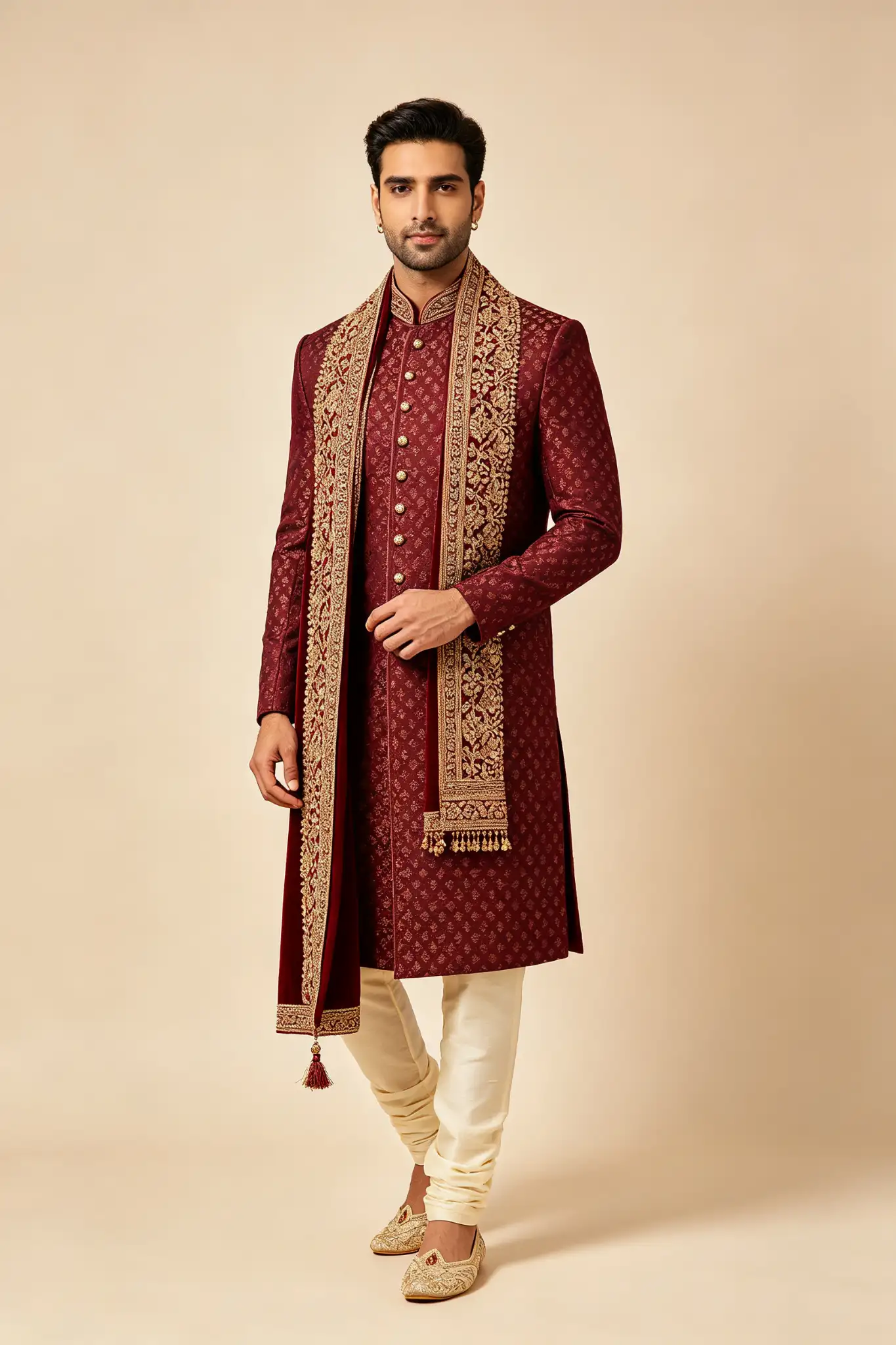 Burgundy Brocade Sherwani with Stole - image 2